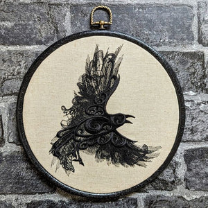 Lace Raven embroidery art. Machine embroidery 8" hoop.