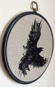 Lace Raven embroidery art. Machine embroidery 8" hoop.