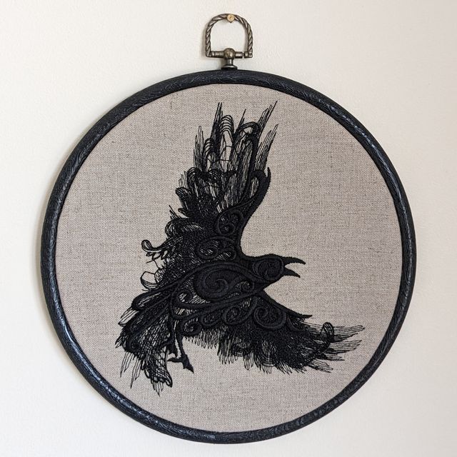 Lace Raven embroidery art. Machine embroidery 8" hoop.