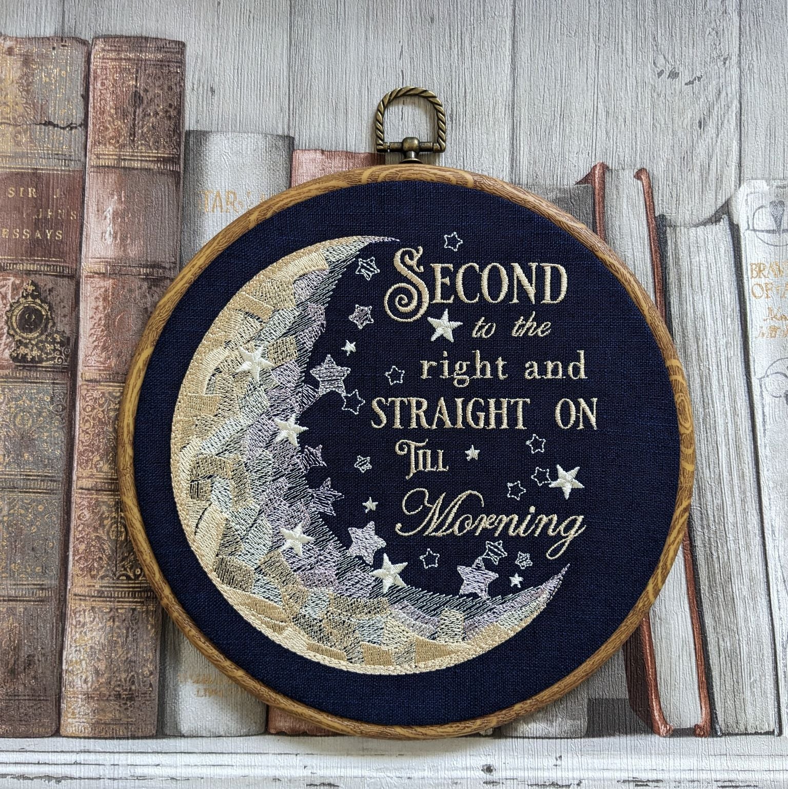 Second to the right and straight on till morning, Peter Pan book quote, 8" machine embroidered hoop,