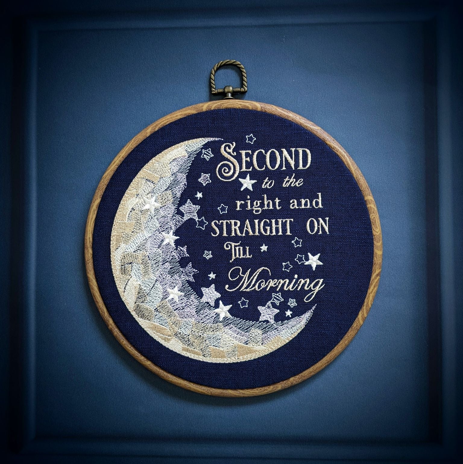 Second to the right and straight on till morning, Peter Pan book quote, 8" machine embroidered hoop,