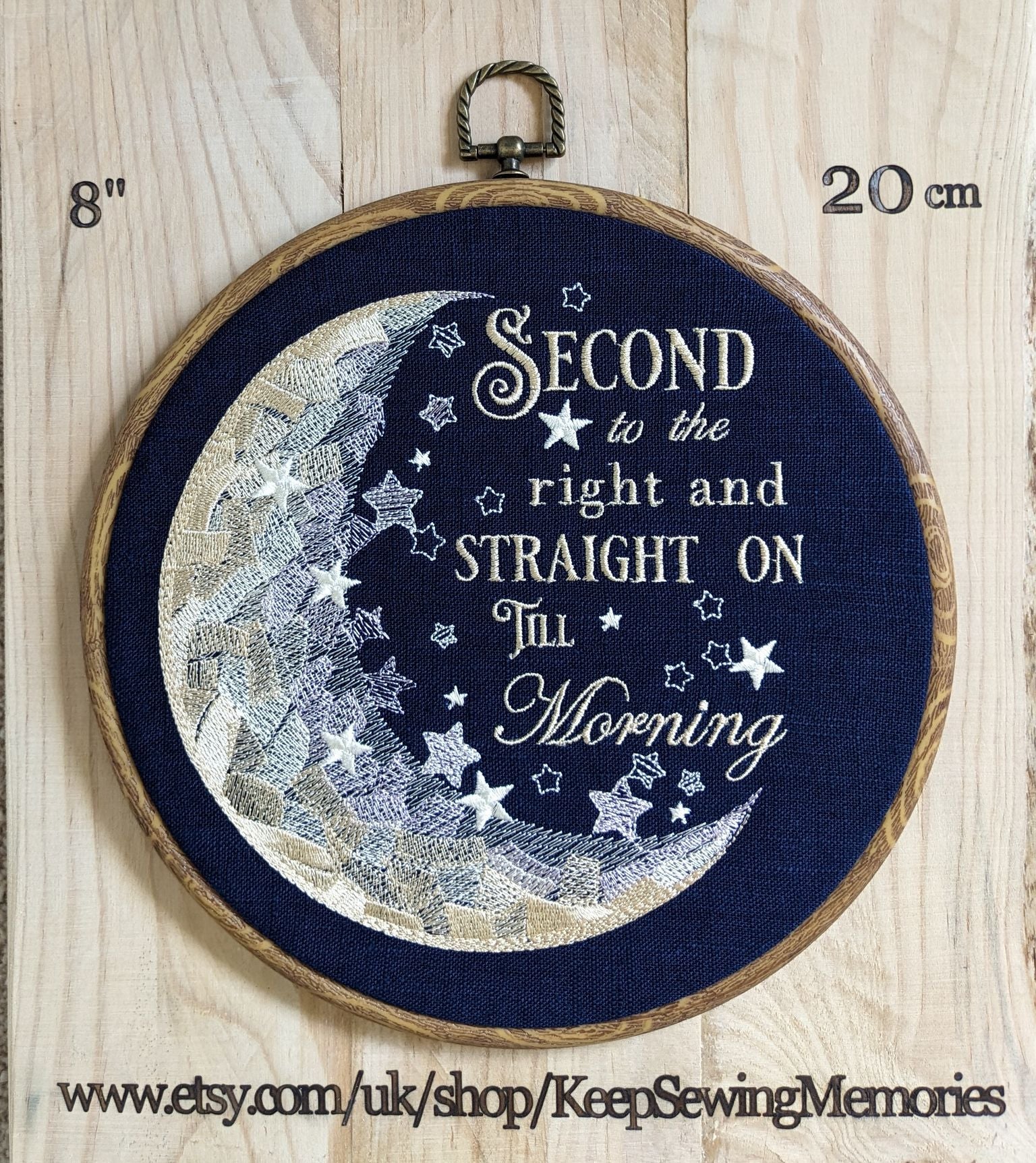 Second to the right and straight on till morning, Peter Pan book quote, 8" machine embroidered hoop,