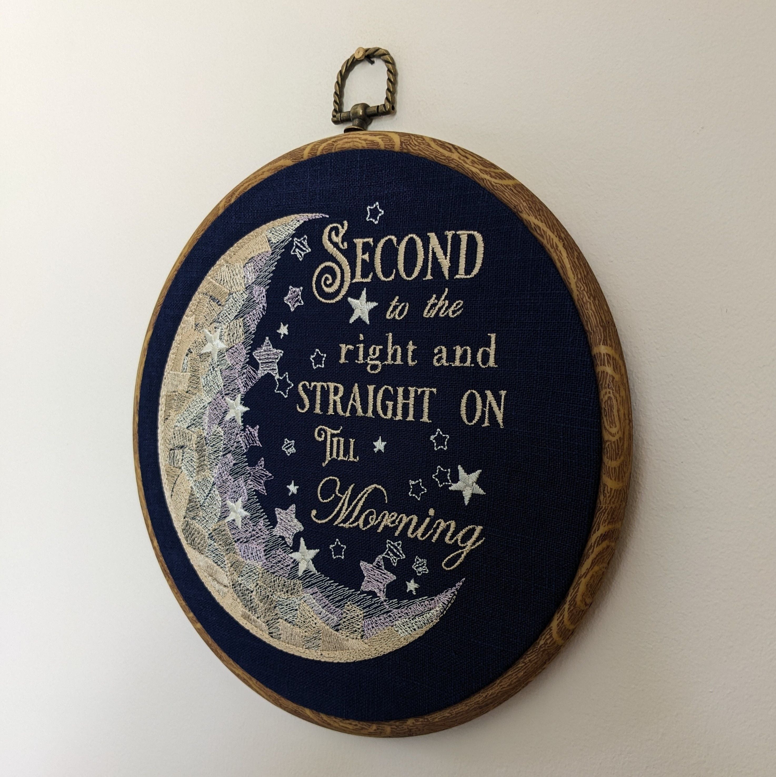 Second to the right and straight on till morning, Peter Pan book quote, 8" machine embroidered hoop,