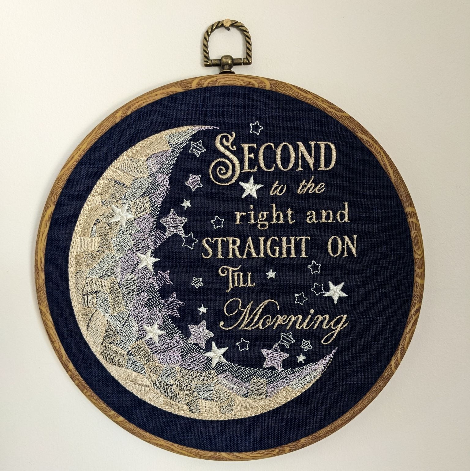 Second to the right and straight on till morning, Peter Pan book quote, 8" machine embroidered hoop,