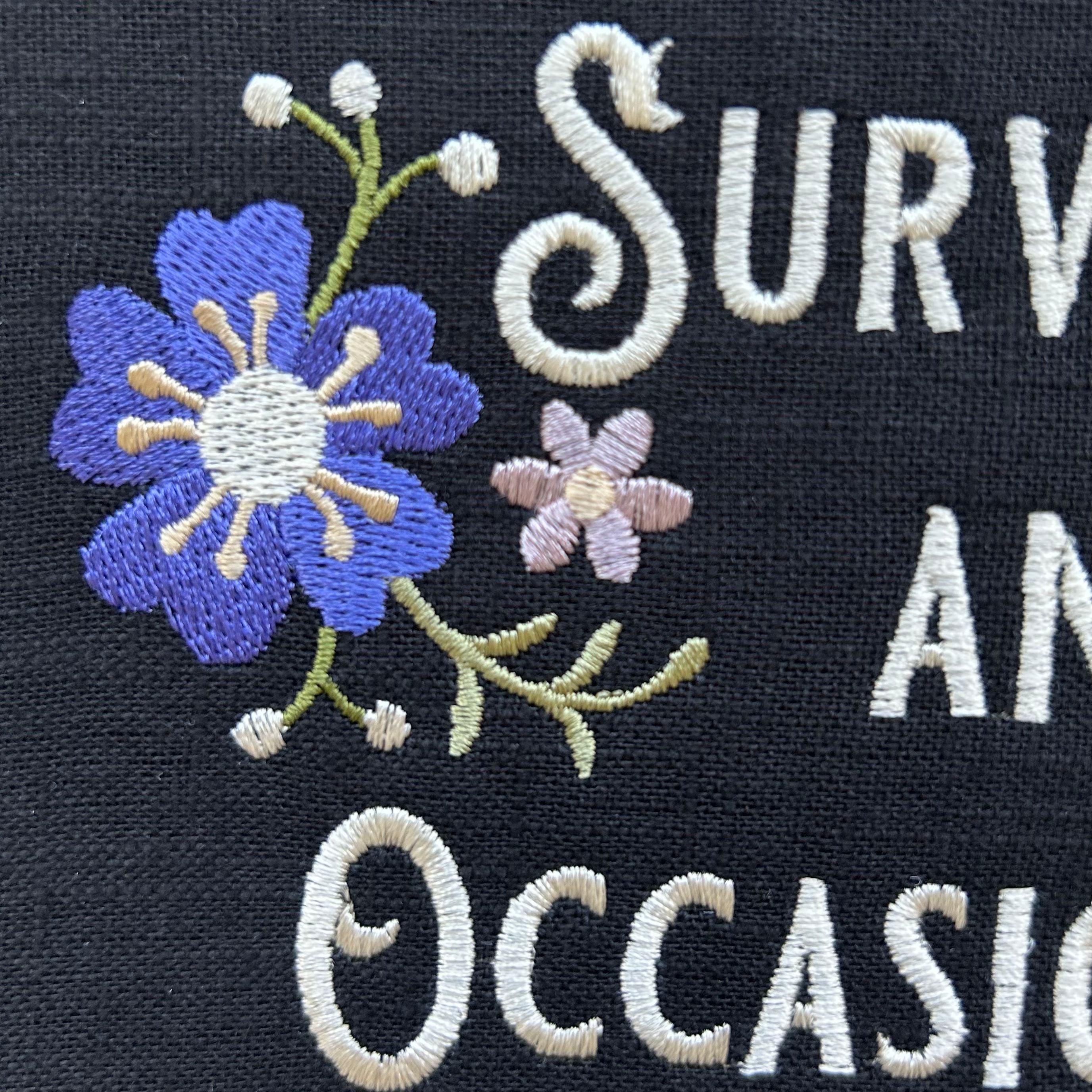 Thriving, Surviving and Occasionally Crying. Machine embroidery 8" framed.  Vintage embroidery art with modern twist.