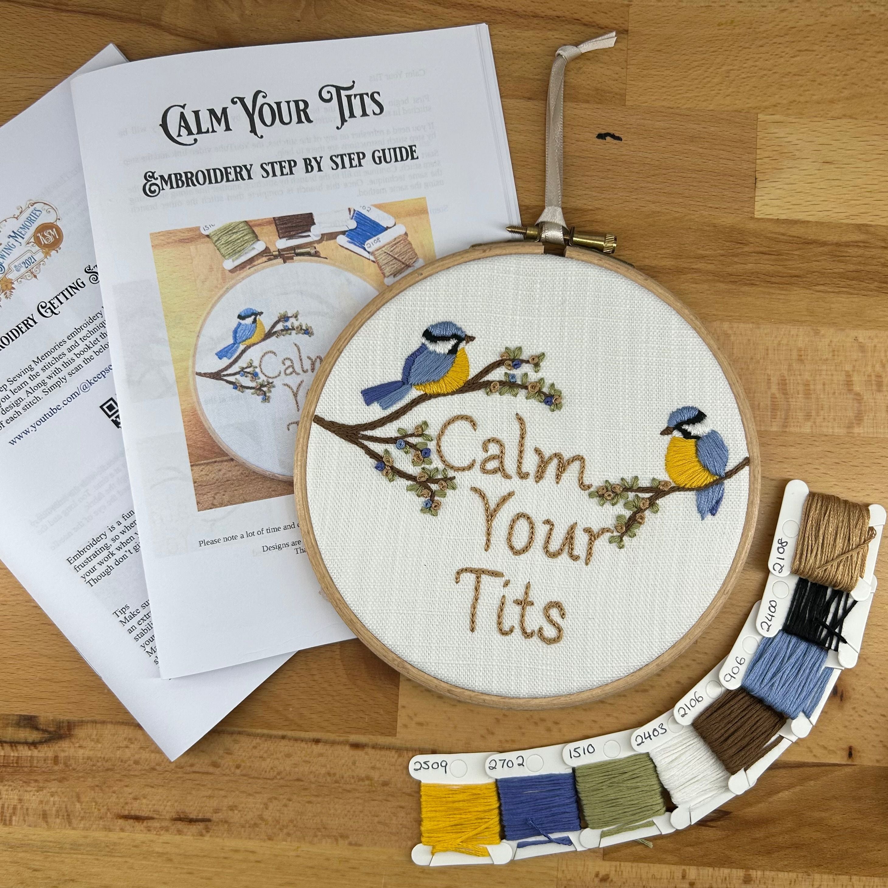 Hand Embroidery Kit- Calm your tits. A fun, sassy, bird lovers, alternative vintage style hand embroidery. Suitable for all abilities