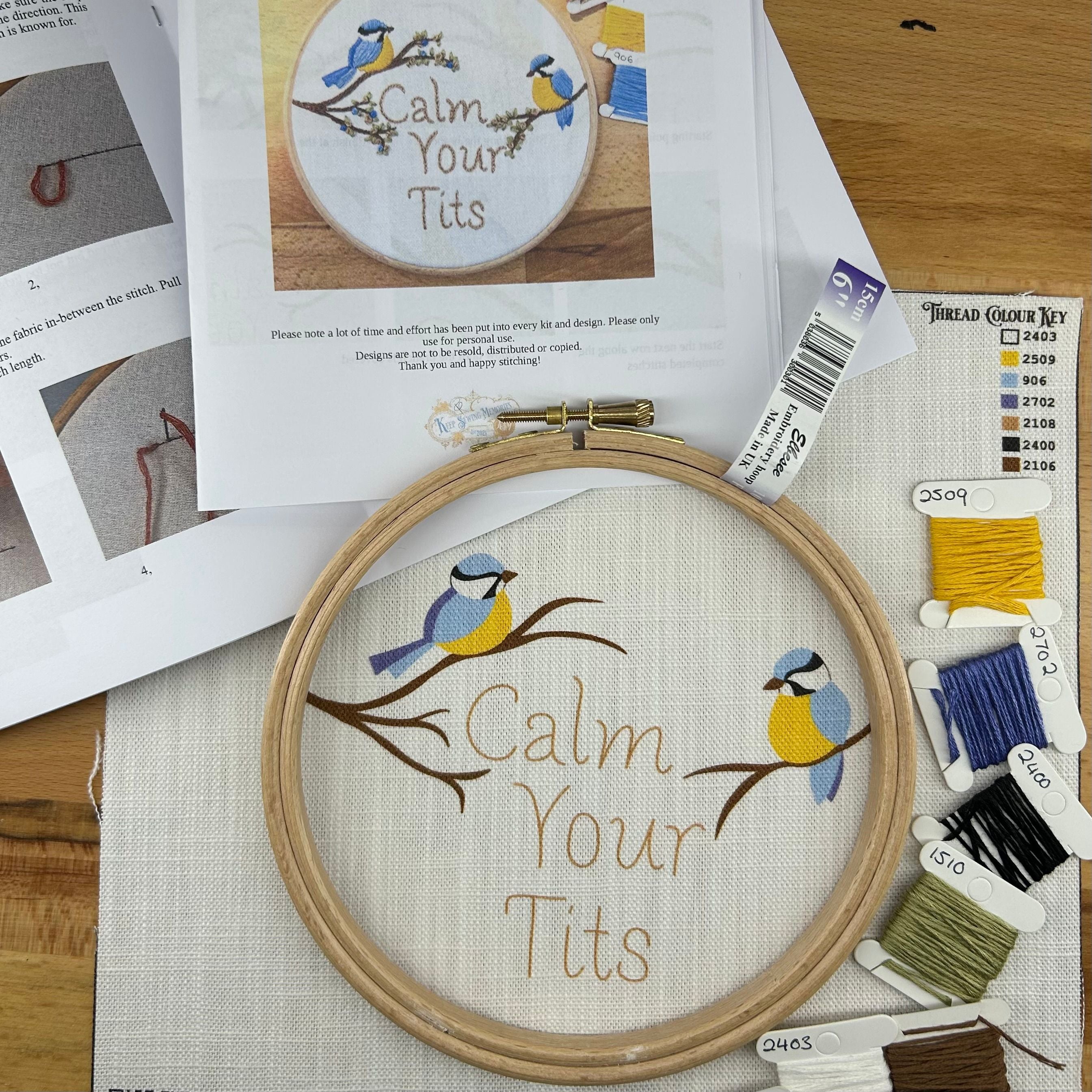 Hand Embroidery Kit- Calm your tits. A fun, sassy, bird lovers, alternative vintage style hand embroidery. Suitable for all abilities