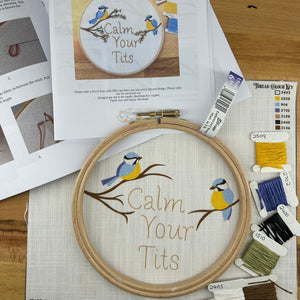 Hand Embroidery Kit- Calm your tits. A fun, sassy, bird lovers, alternative vintage style hand embroidery. Suitable for all abilities