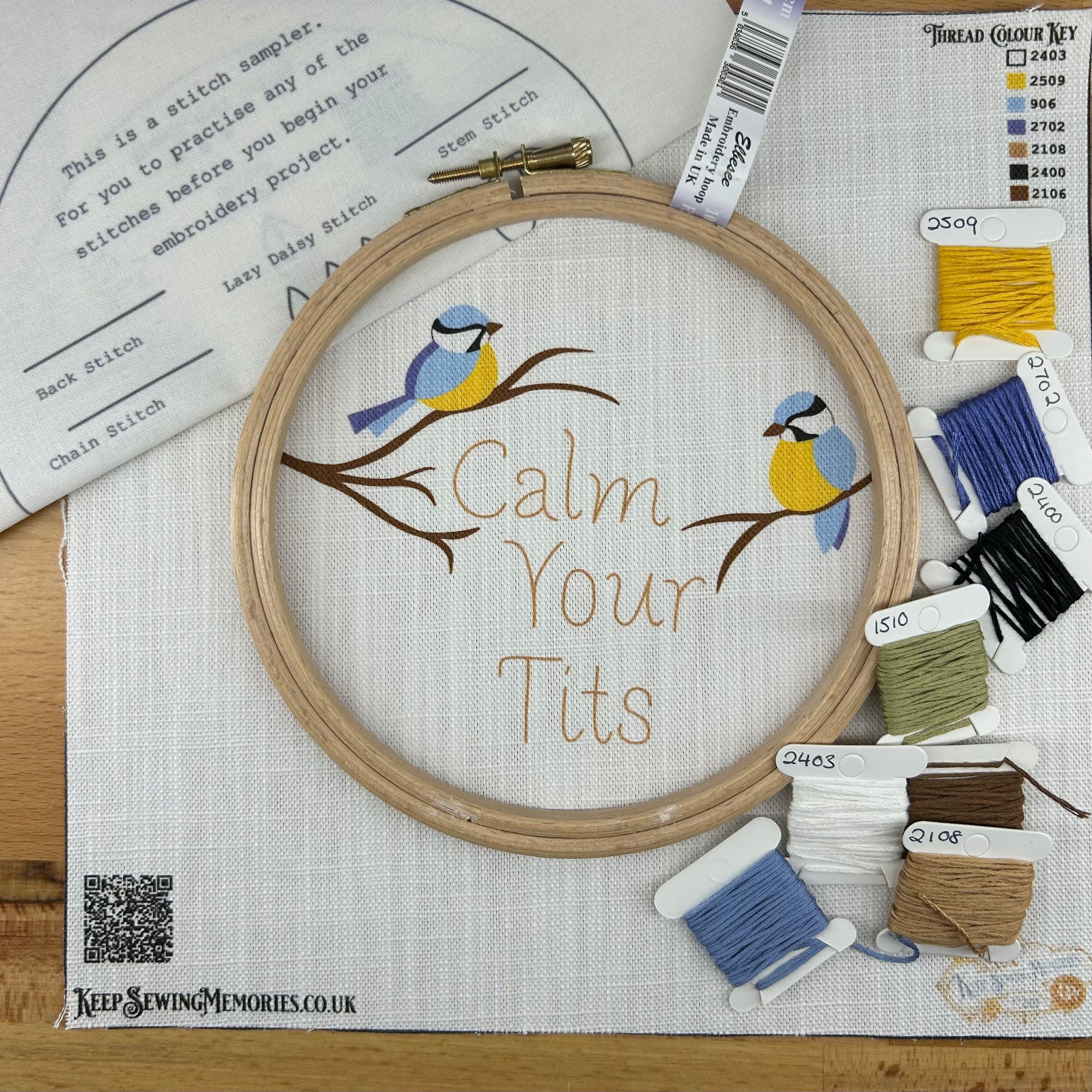 Hand Embroidery Kit- Calm your tits. A fun, sassy, bird lovers, alternative vintage style hand embroidery. Suitable for all abilities