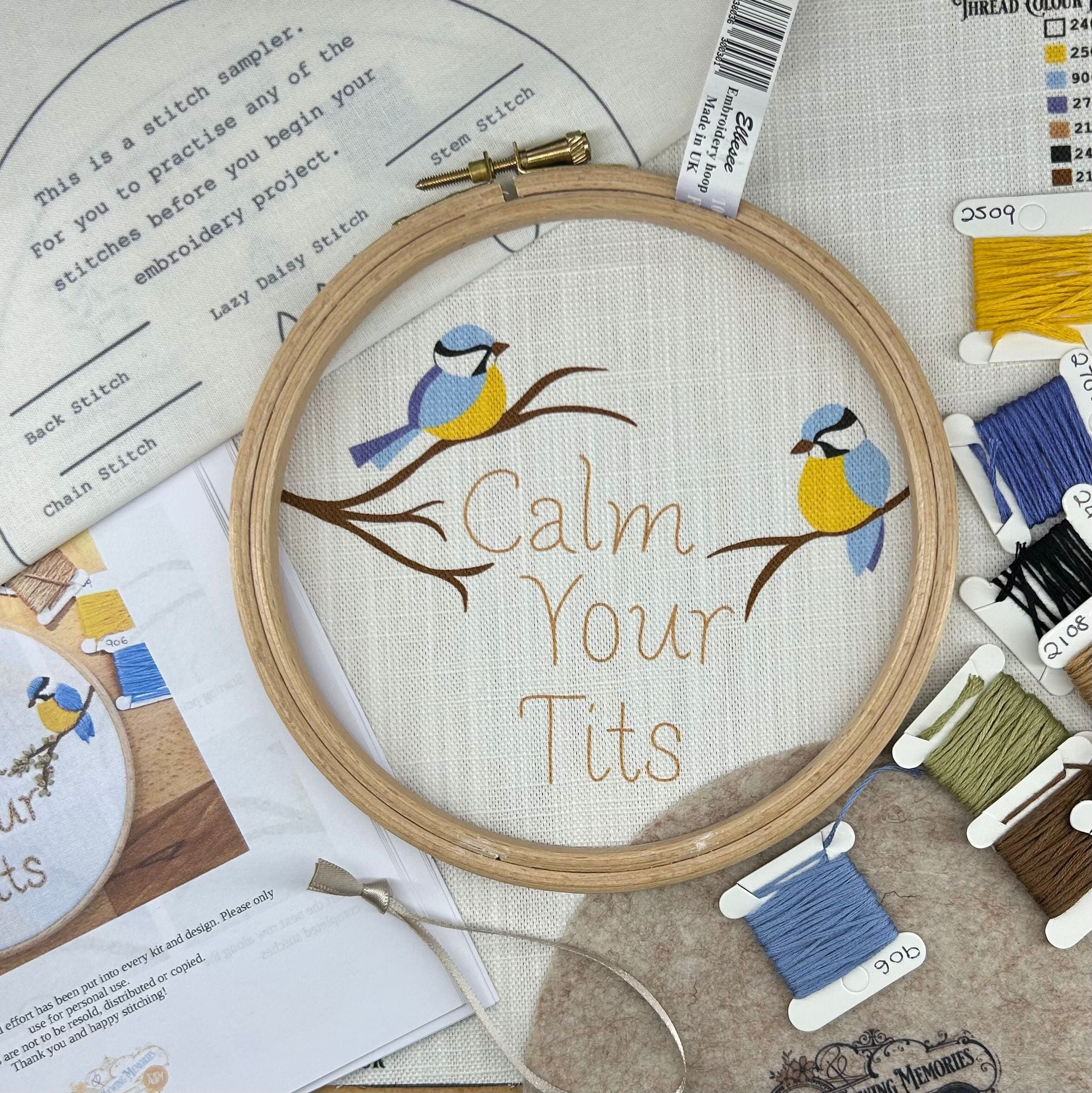 Hand Embroidery Kit- Calm your tits. A fun, sassy, bird lovers, alternative vintage style hand embroidery. Suitable for all abilities
