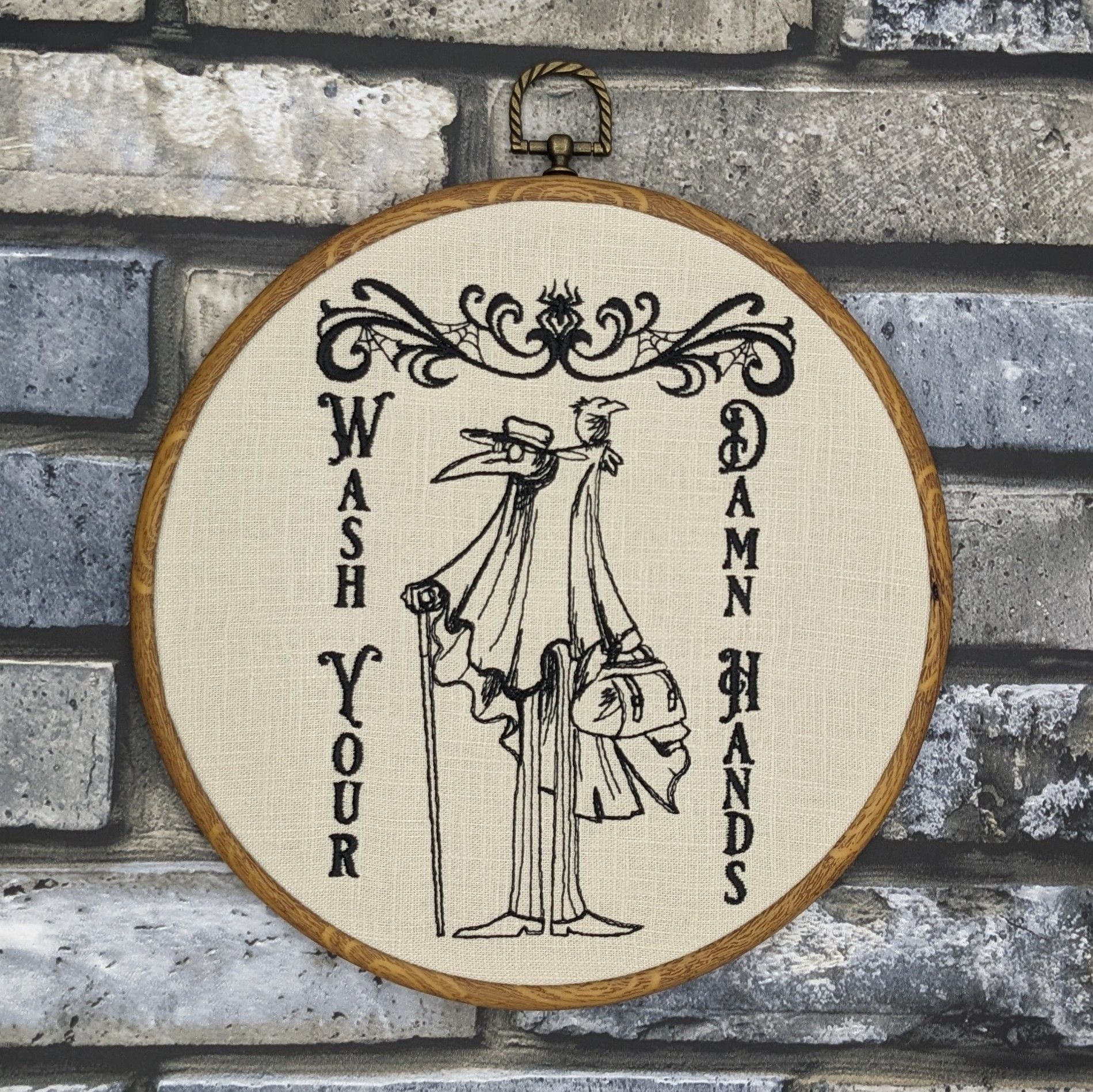 Wash your damn hands, plague doctor hoop art. Machine embroidery 8" hoop. Gothic décor, bathroom décor