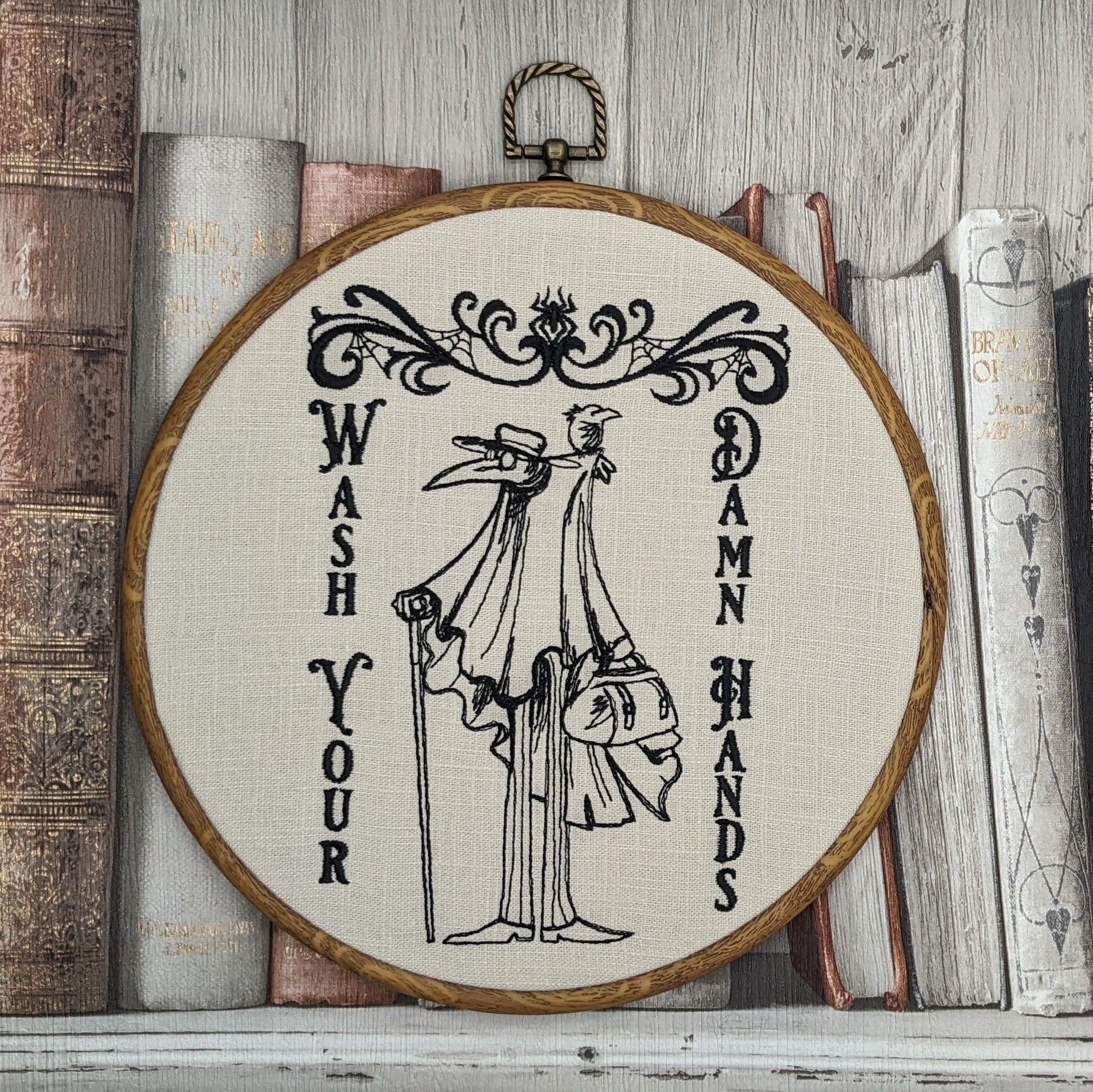 Wash your damn hands, plague doctor hoop art. Machine embroidery 8" hoop. Gothic décor, bathroom décor