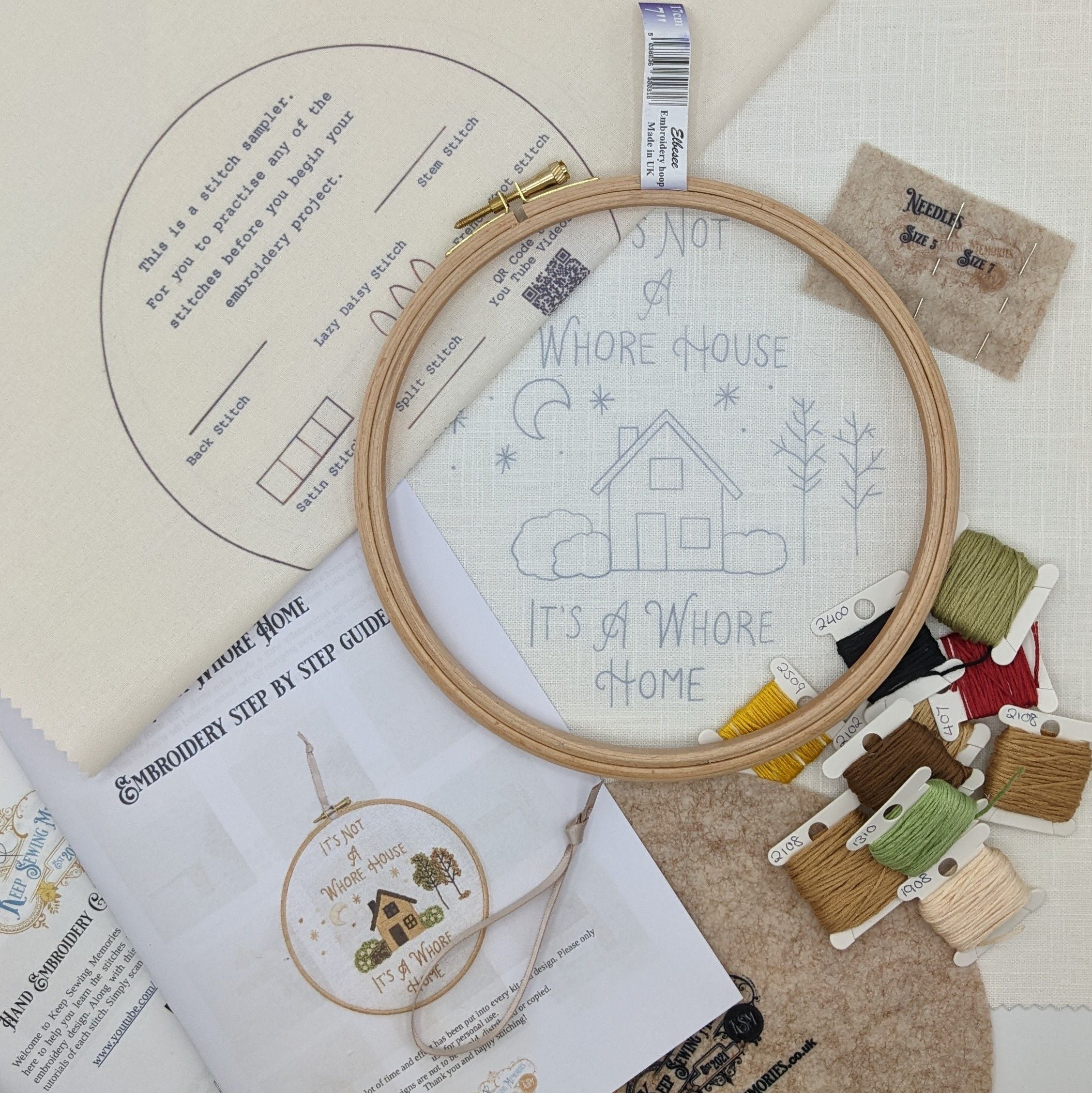 Hand Embroidery Kit- It's not a whore house, It's a whore home'. Sassy, alternative vintage style hand embroidery.