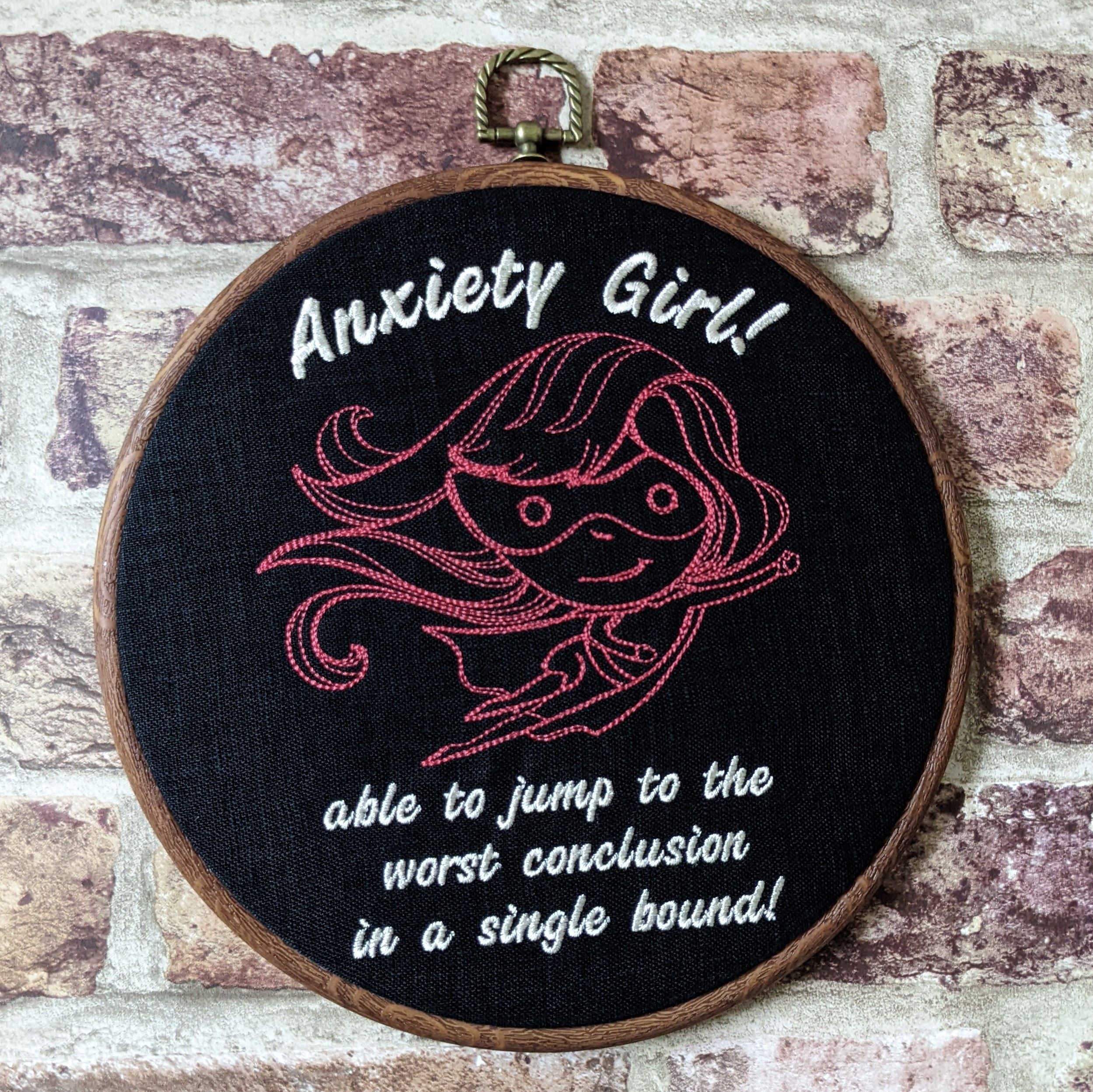 Anxiety Girl, able to jump to the worst conclusion in a single bound!  Machine embroidered 8" hoop