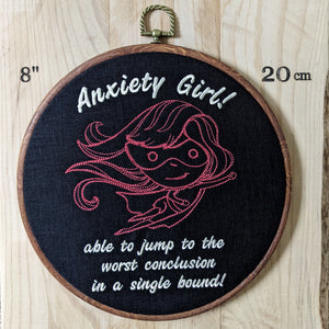 Anxiety Girl, able to jump to the worst conclusion in a single bound!  Machine embroidered 8" hoop