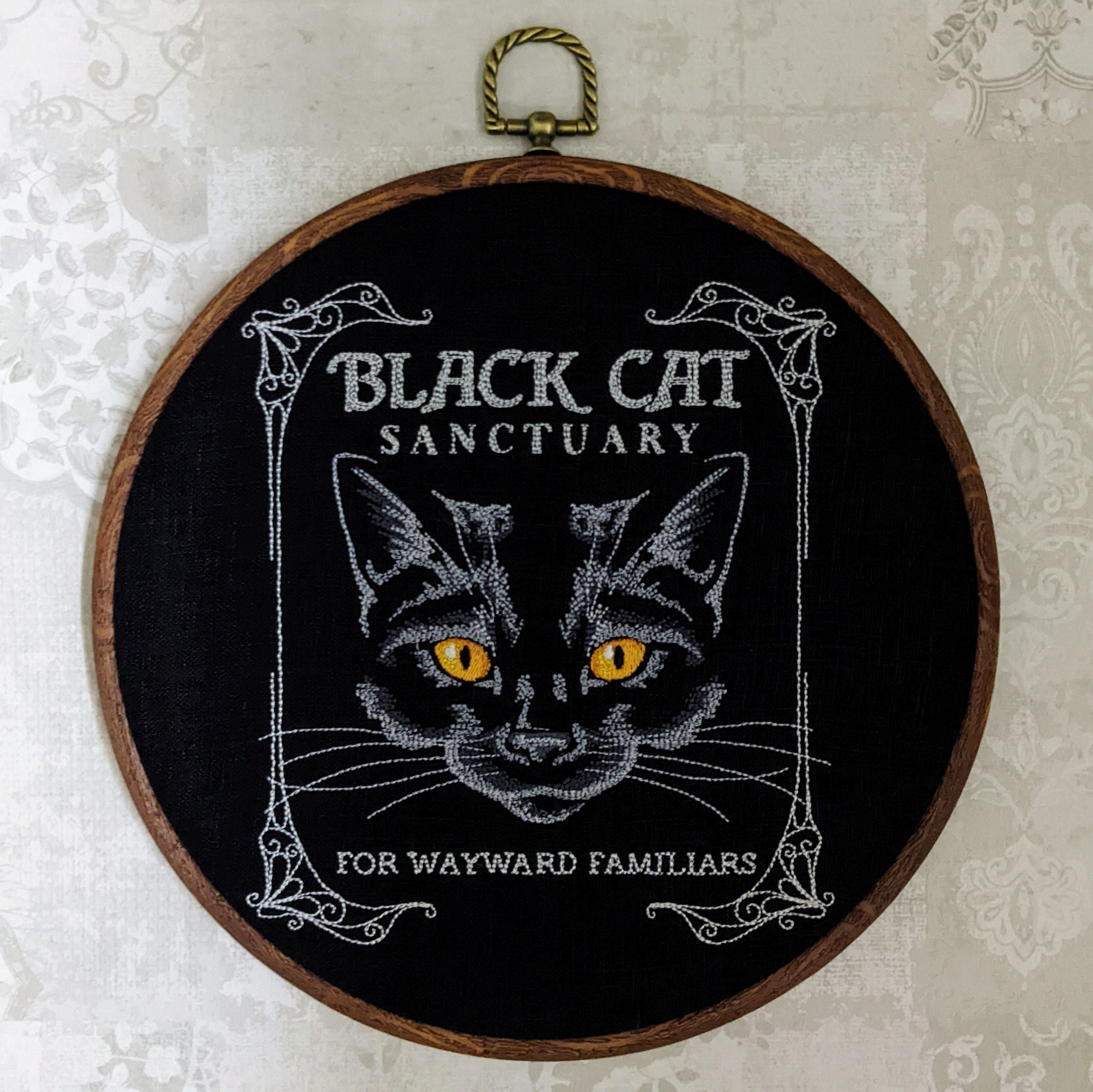 Black Cat Sanctuary. Machine embroidered 8" hoop