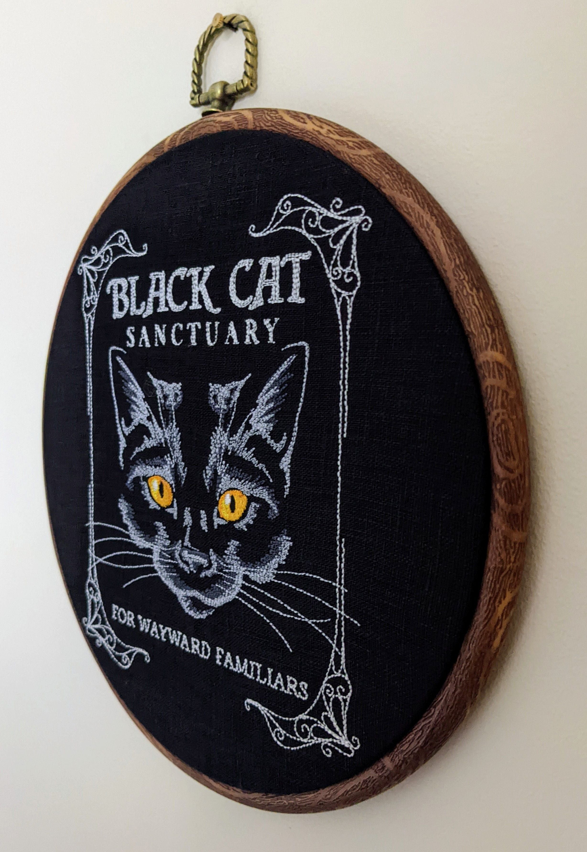 Black Cat Sanctuary. Machine embroidered 8" hoop