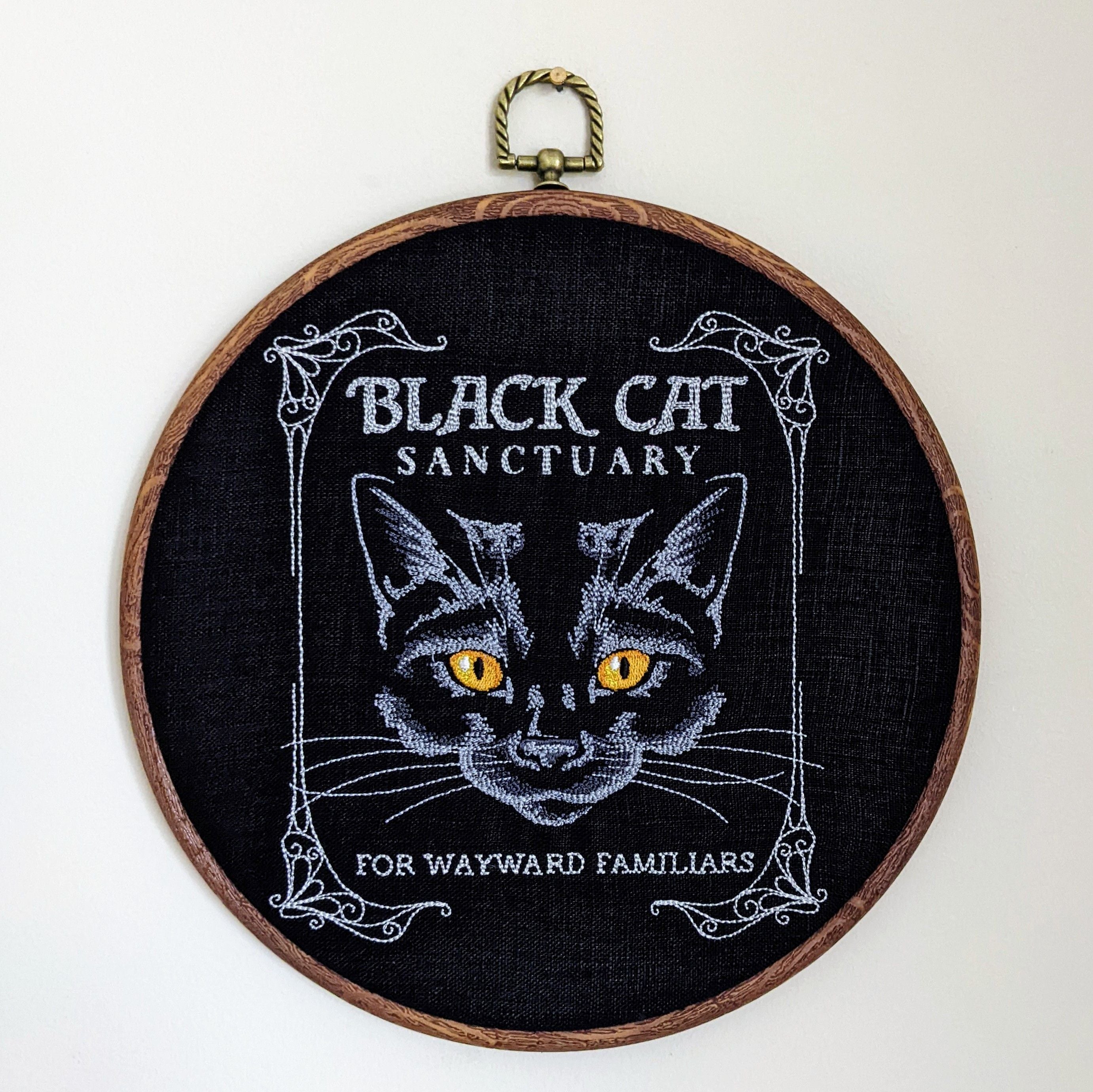 Black Cat Sanctuary. Machine embroidered 8" hoop