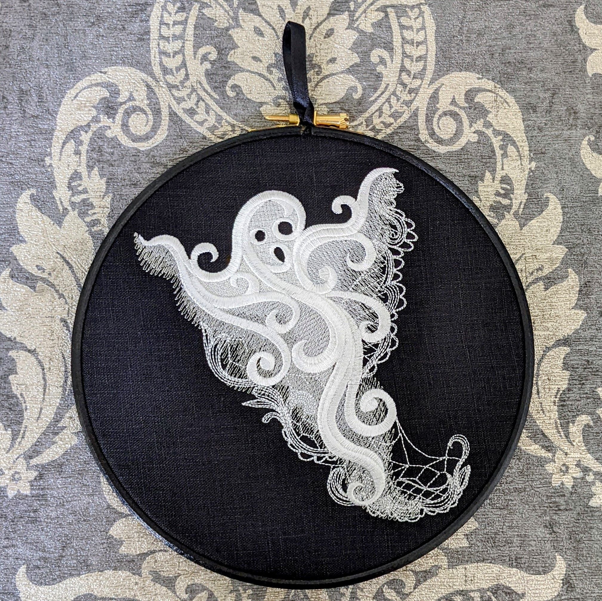 Lace Ghost embroidery art. Machine embroidery 8" hoop. Gothic décor