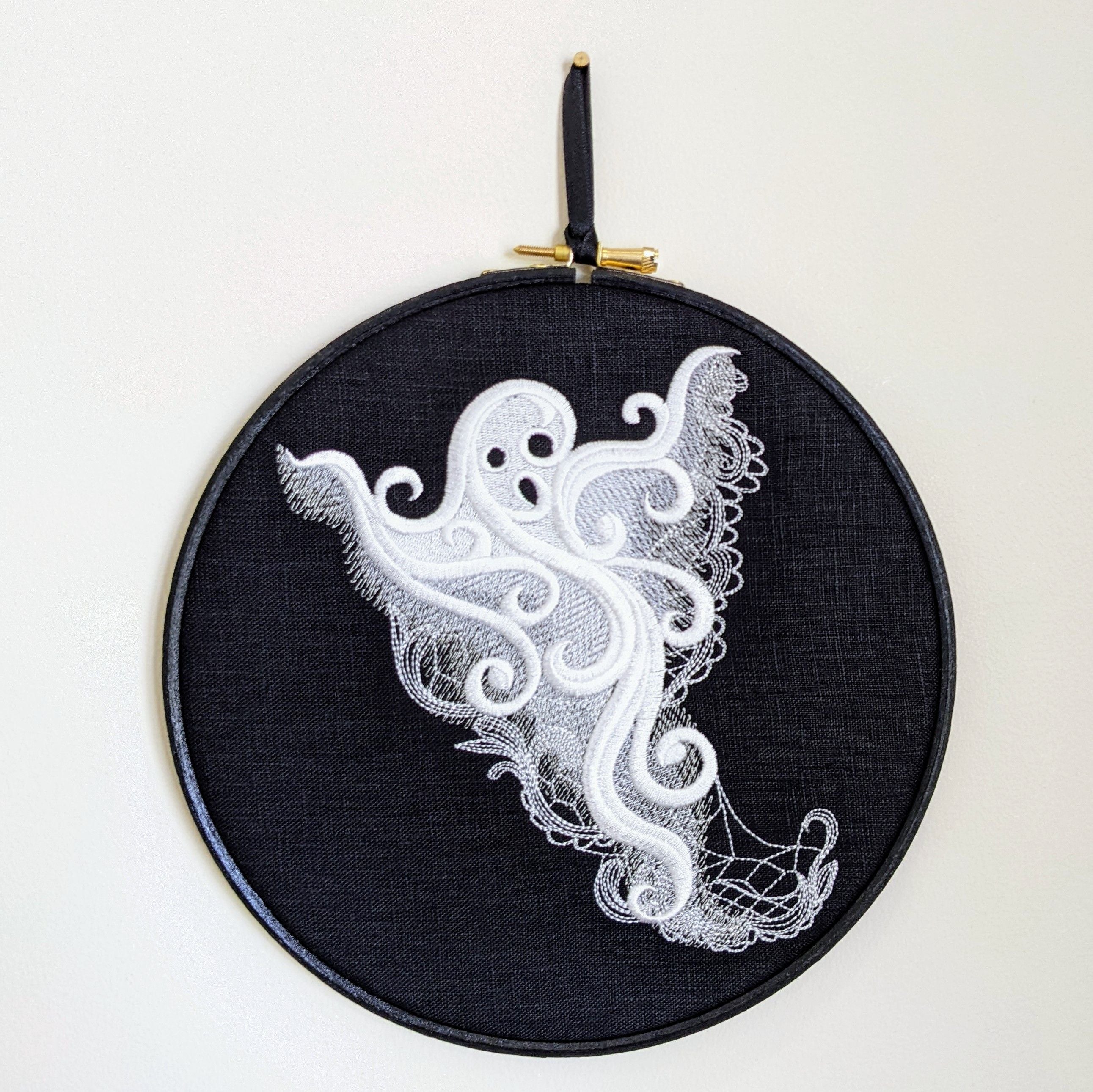 Lace Ghost embroidery art. Machine embroidery 8" hoop. Gothic décor