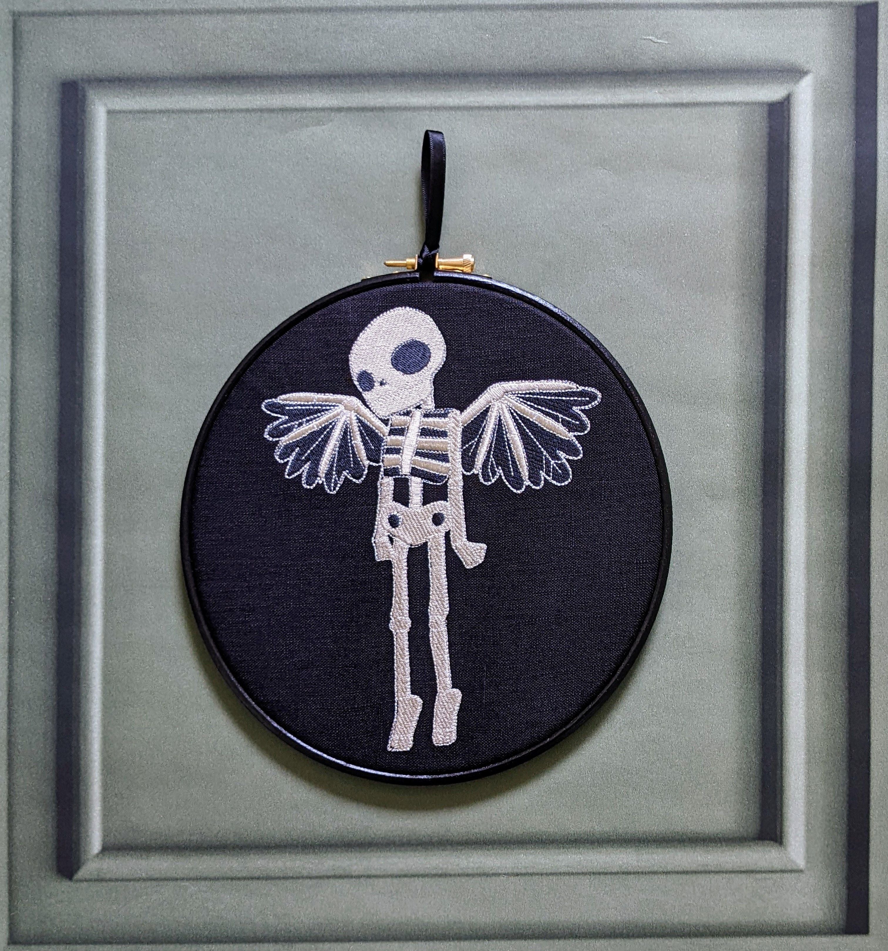 Winged Skeleton, machine embroidered 8" hoop art