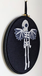 Winged Skeleton, machine embroidered 8" hoop art