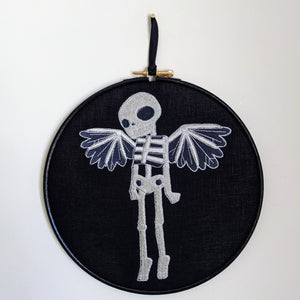 Winged Skeleton, machine embroidered 8" hoop art