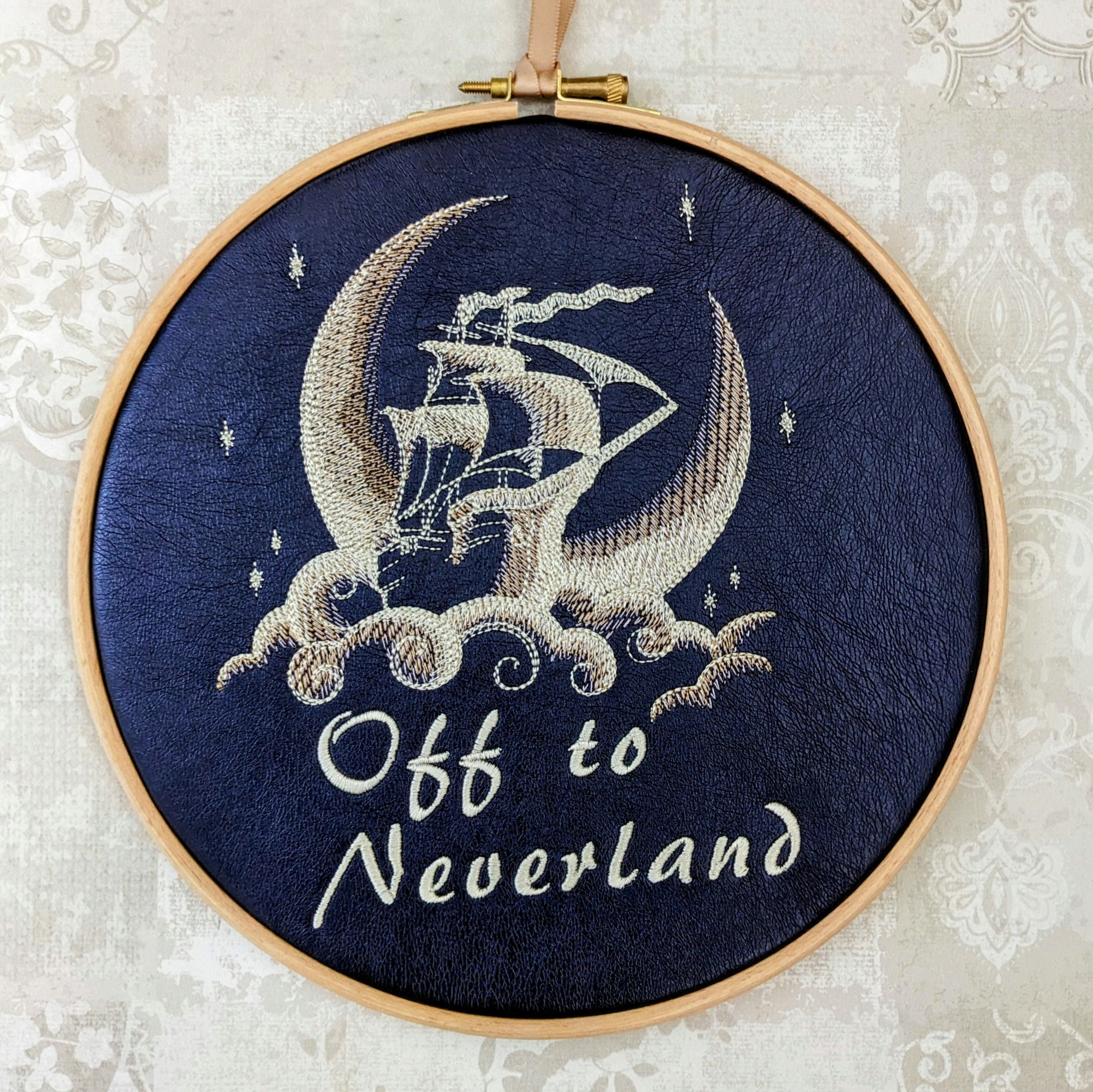 Off to Neverland, Peter Pan book quote, 8" machine embroidered hoop,