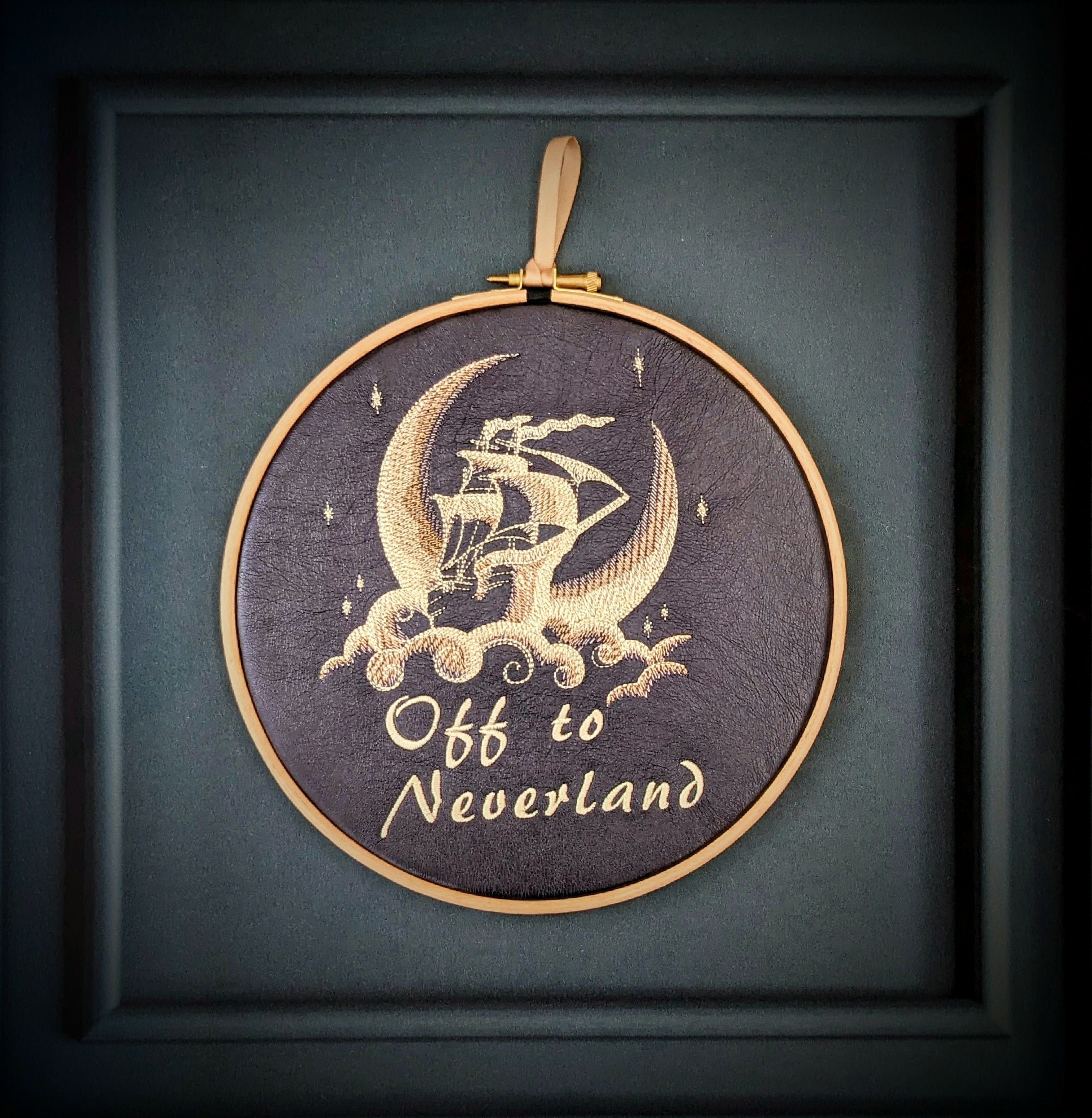 Off to Neverland, Peter Pan book quote, 8" machine embroidered hoop,