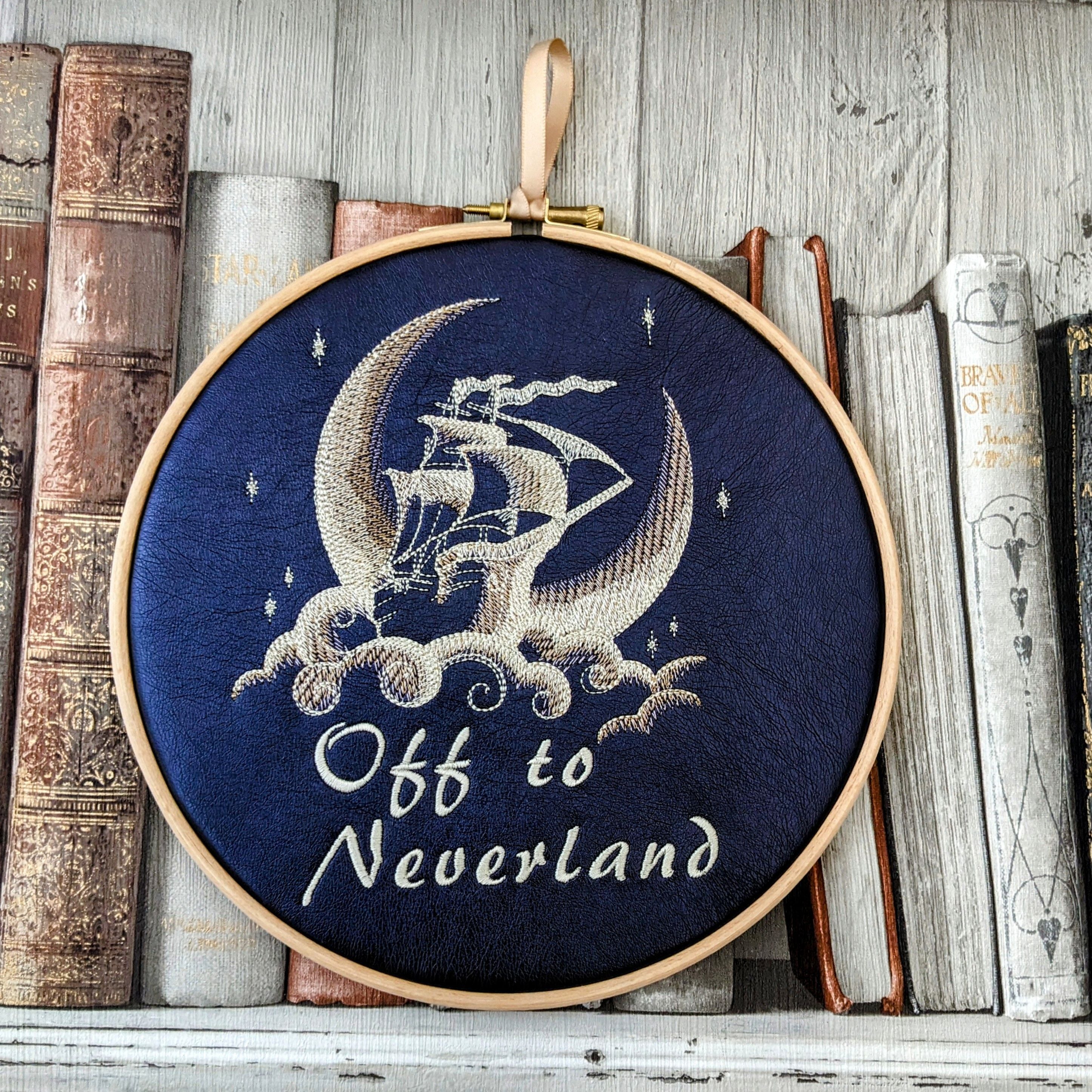 Off to Neverland, Peter Pan book quote, 8" machine embroidered hoop,