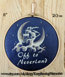 Off to Neverland, Peter Pan book quote, 8" machine embroidered hoop,
