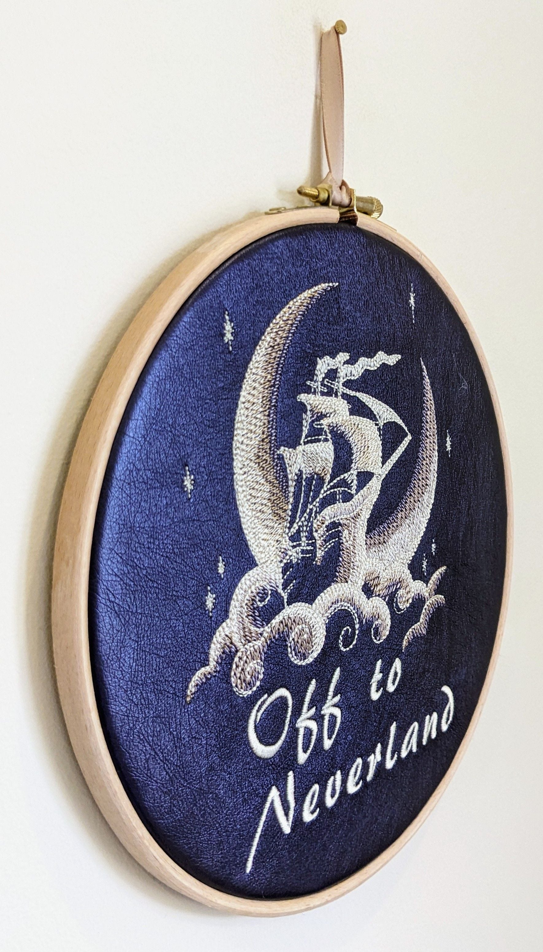 Off to Neverland, Peter Pan book quote, 8" machine embroidered hoop,