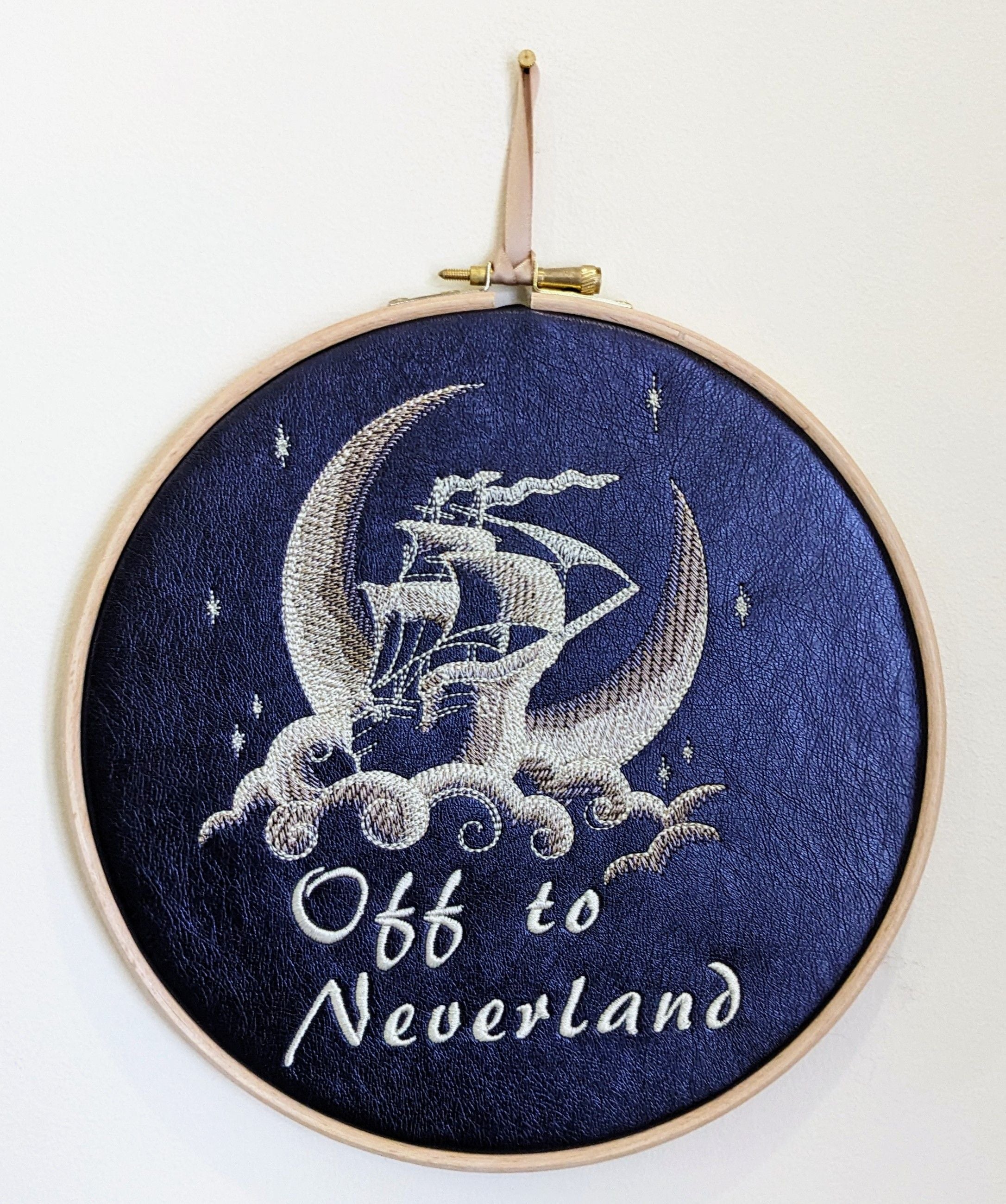 Off to Neverland, Peter Pan book quote, 8" machine embroidered hoop,