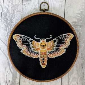 Death's Head Hawkmoth, machine embroidered 8" hoop art