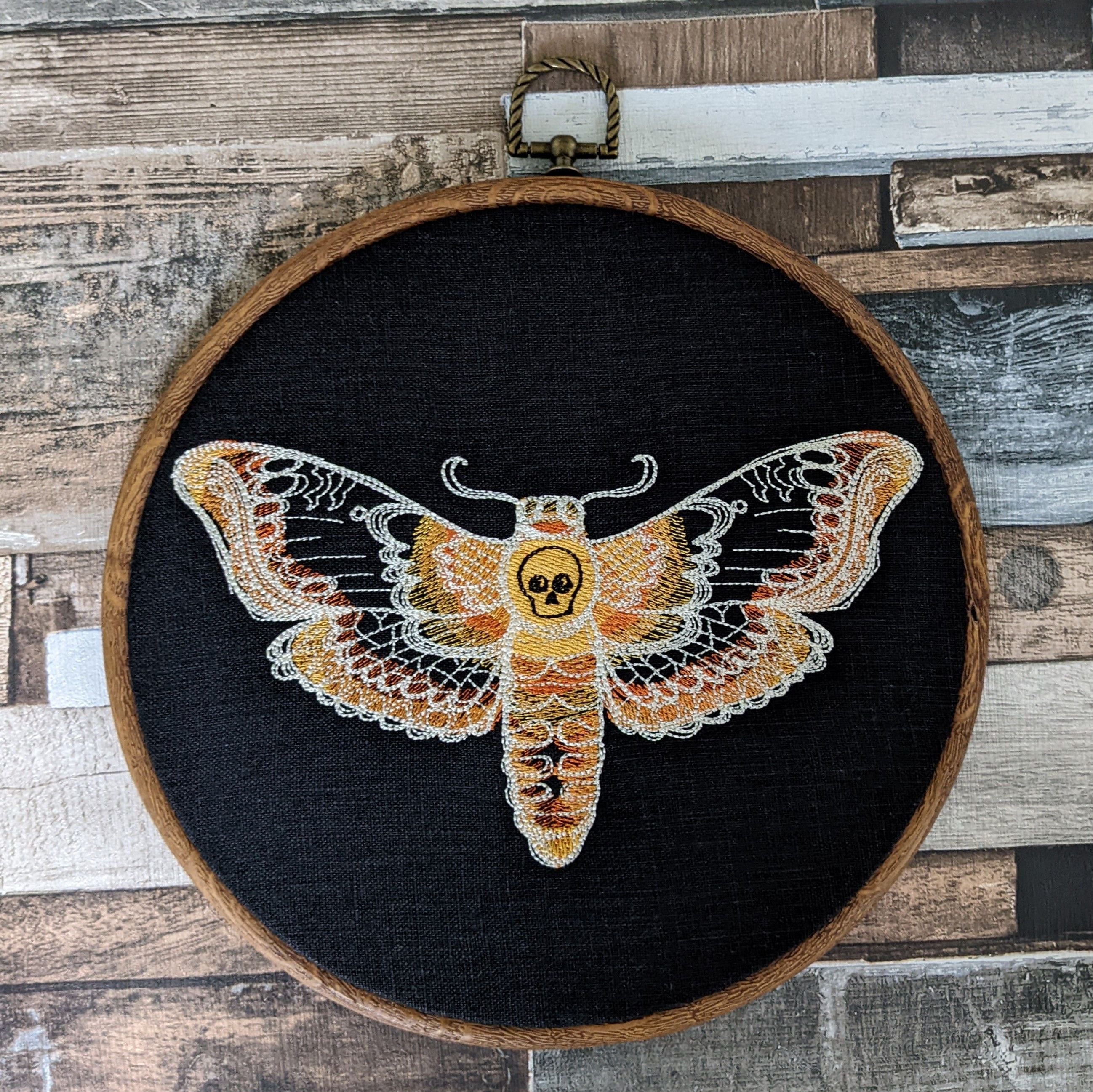 Death's Head Hawkmoth, machine embroidered 8" hoop art