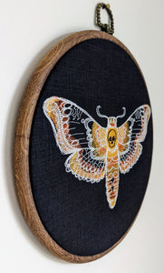 Death's Head Hawkmoth, machine embroidered 8" hoop art