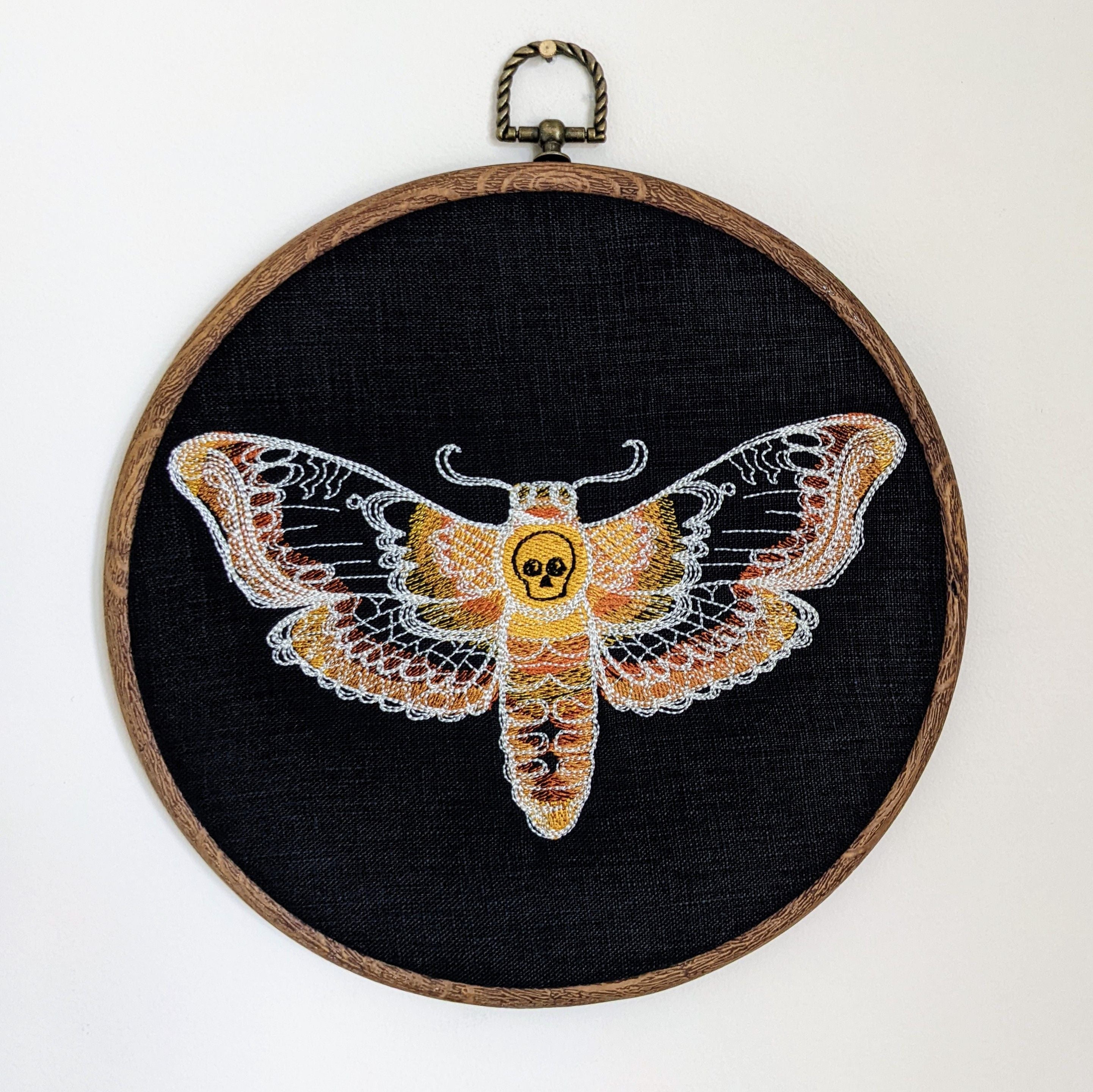 Death's Head Hawkmoth, machine embroidered 8" hoop art