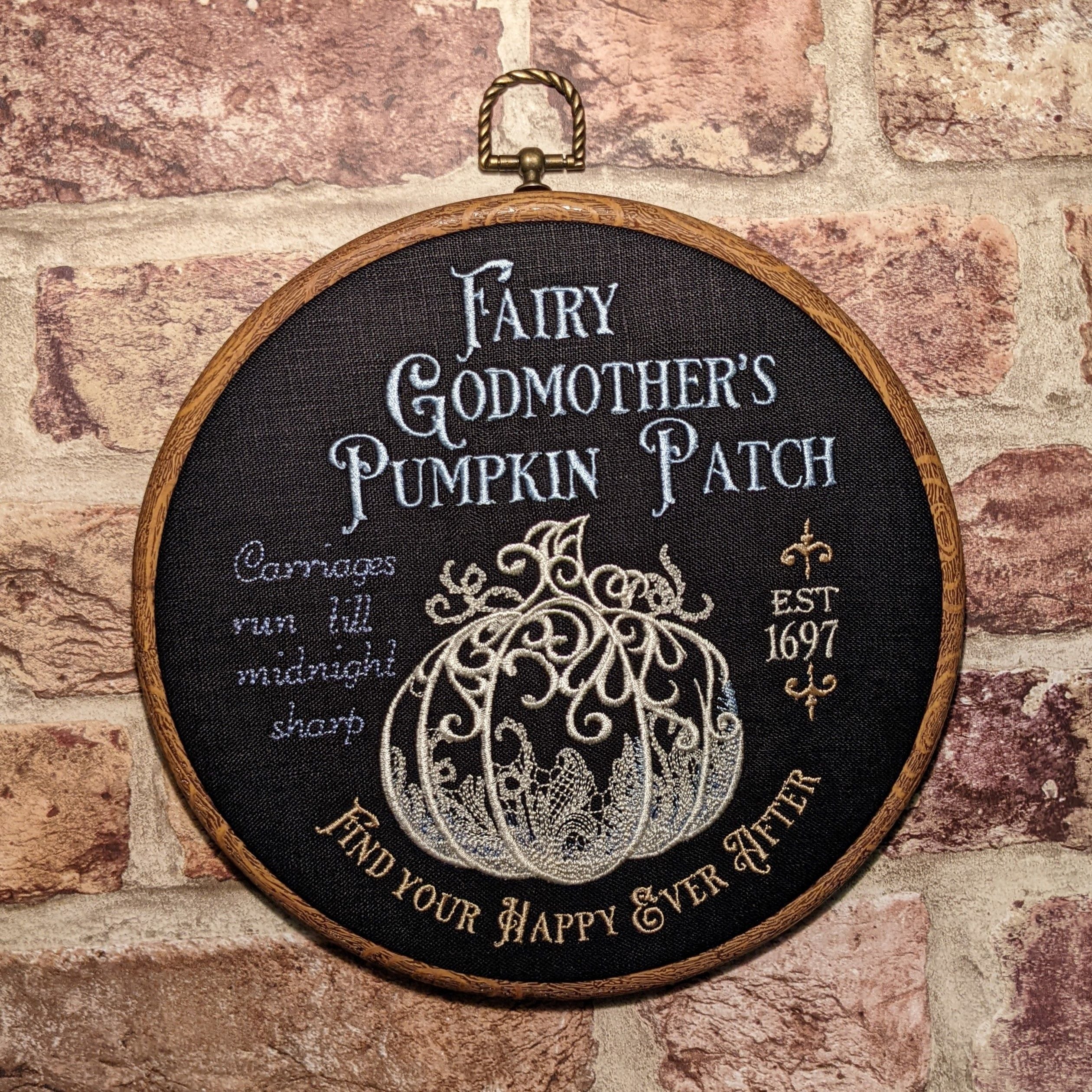 Fairy Godmother's Pumpkin Patch, inspired from the fairy tale of Cinderella machine embroidered hoop 8"