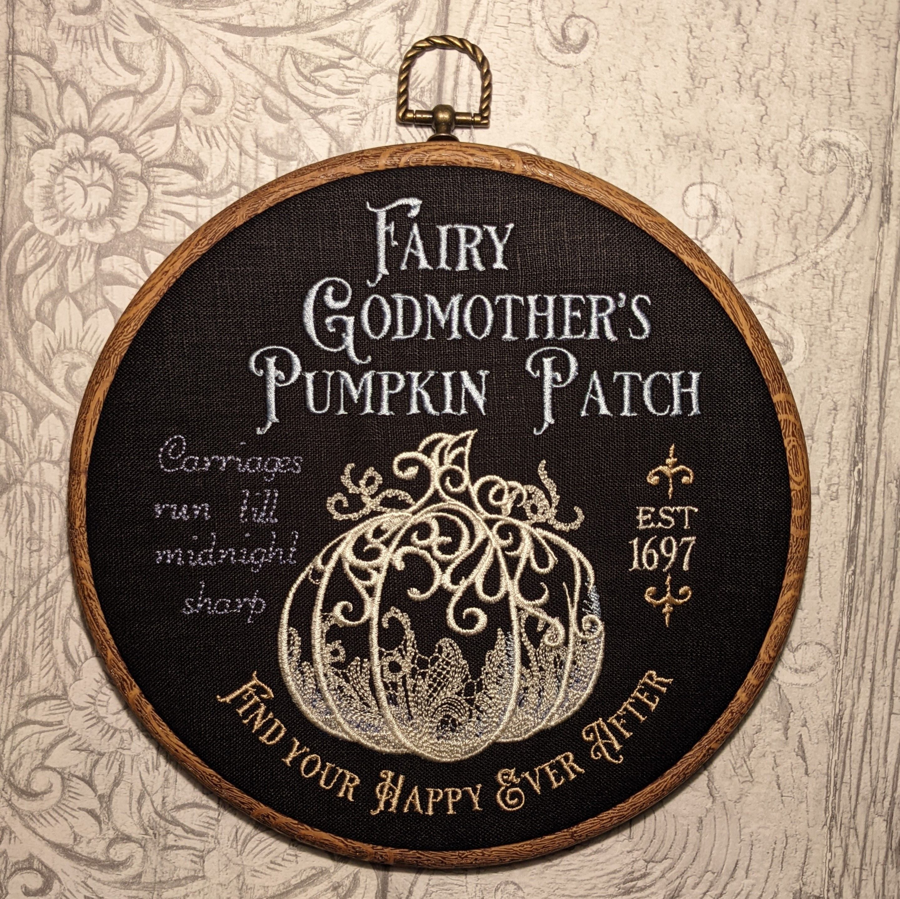 Fairy Godmother's Pumpkin Patch, inspired from the fairy tale of Cinderella machine embroidered hoop 8"