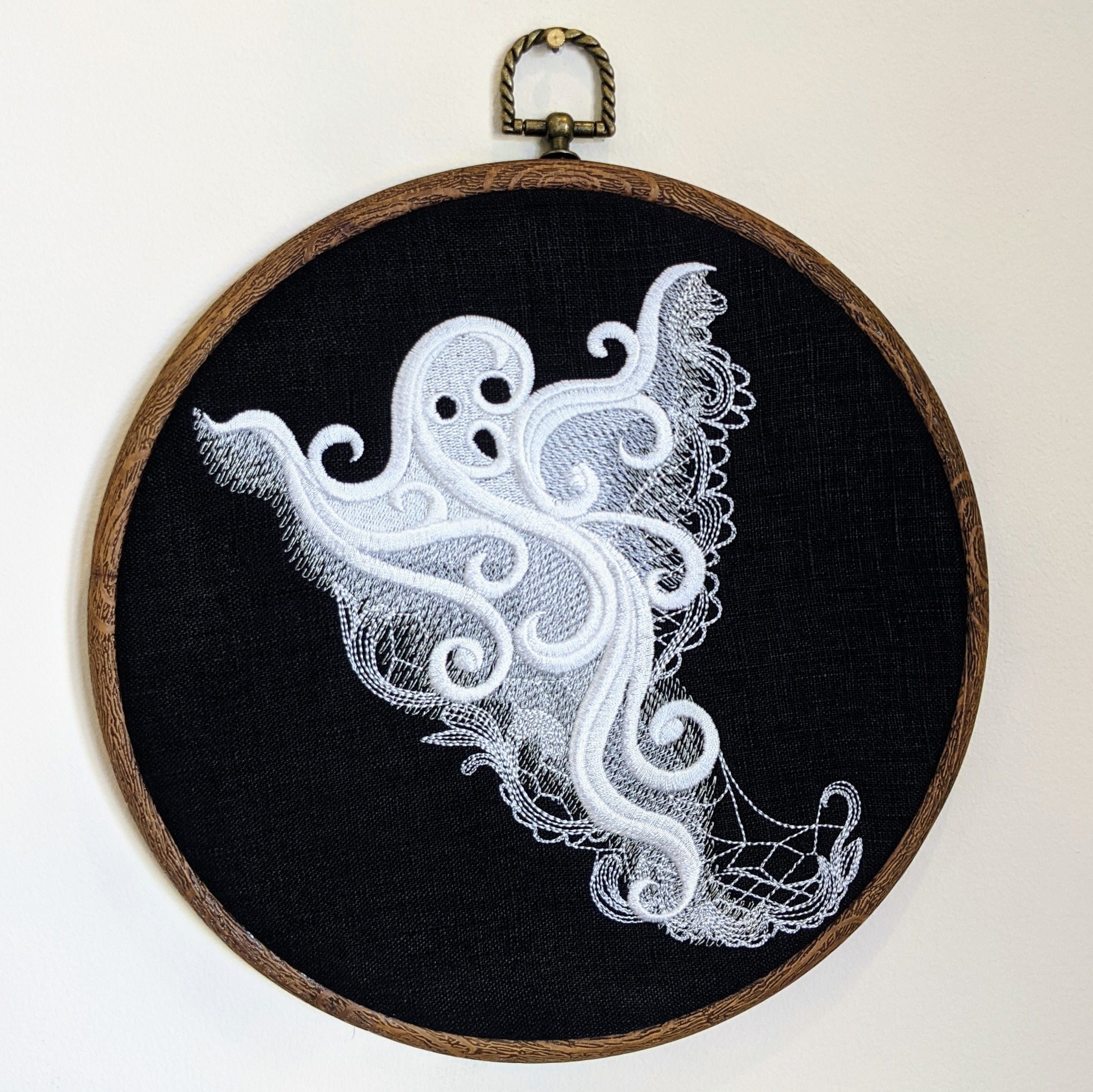 Lace Ghost embroidery art. Machine embroidery 8" hoop. Gothic décor