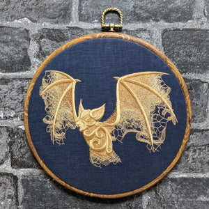 Lace Bat light gold, Hoop Art, machine embroidered 8" hoop