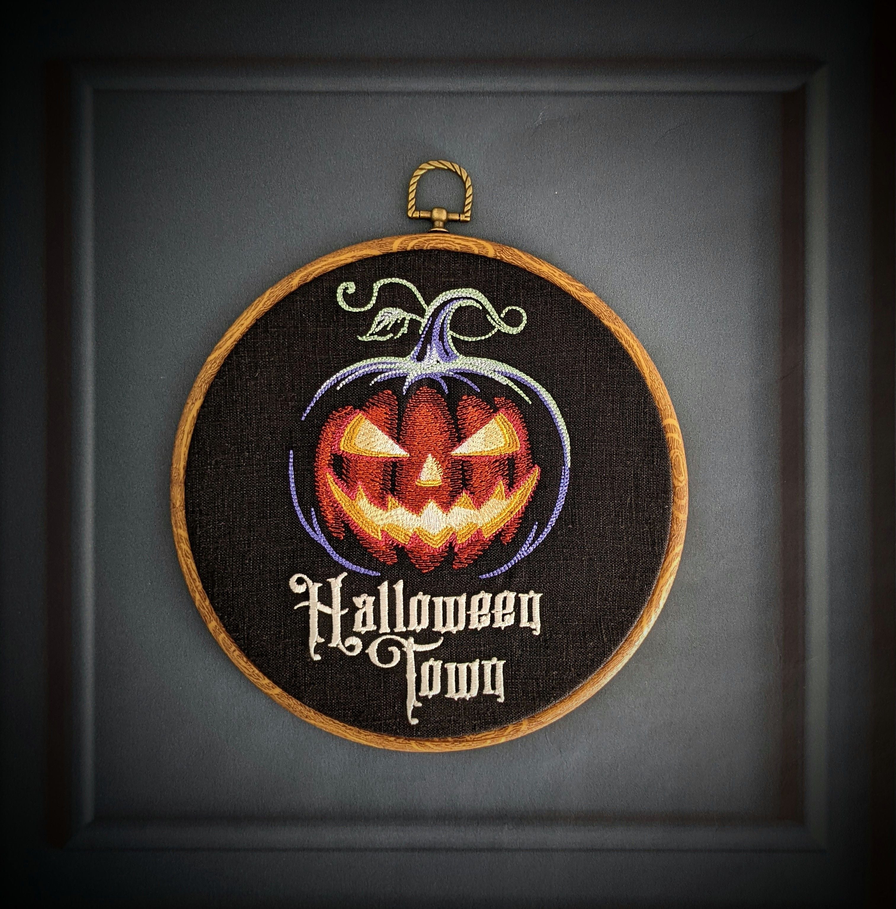 Halloween Town, spooky pumpkin. Machine embroidered 8" hoop