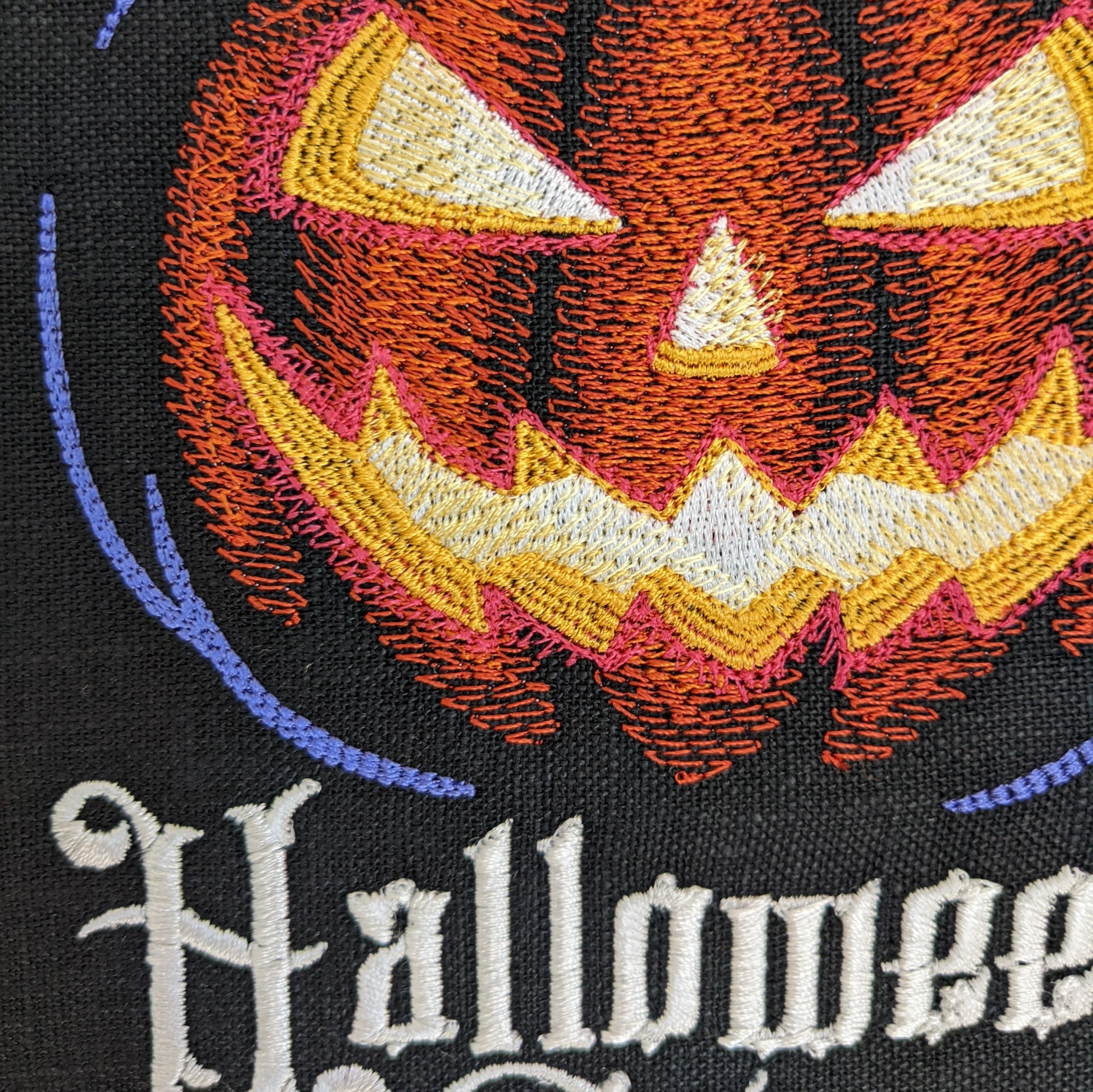 Halloween Town, spooky pumpkin. Machine embroidered 8" hoop