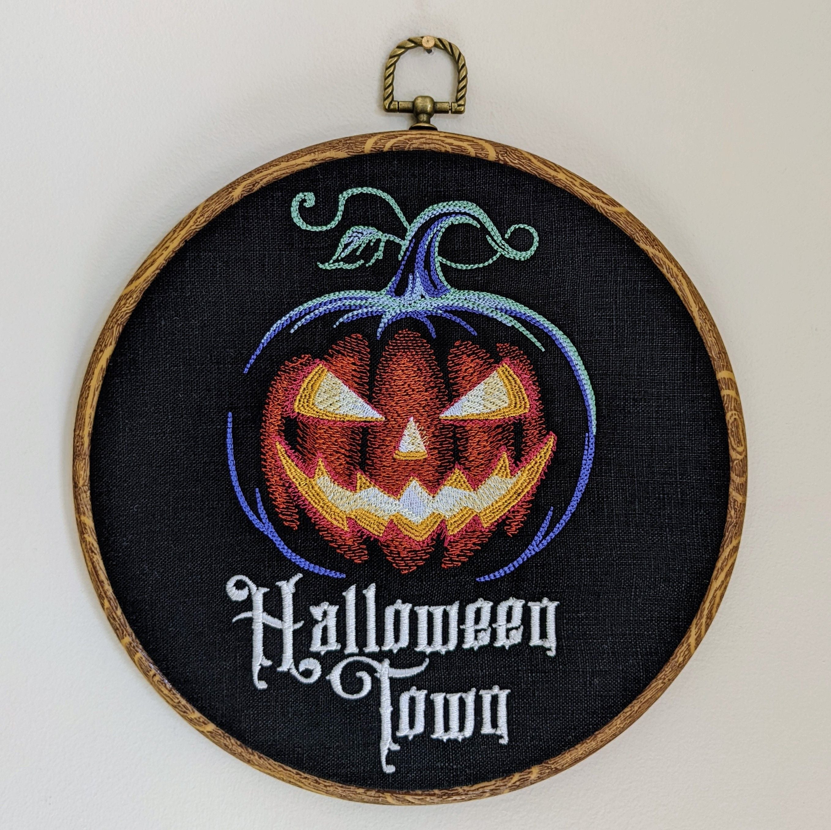 Halloween Town, spooky pumpkin. Machine embroidered 8" hoop