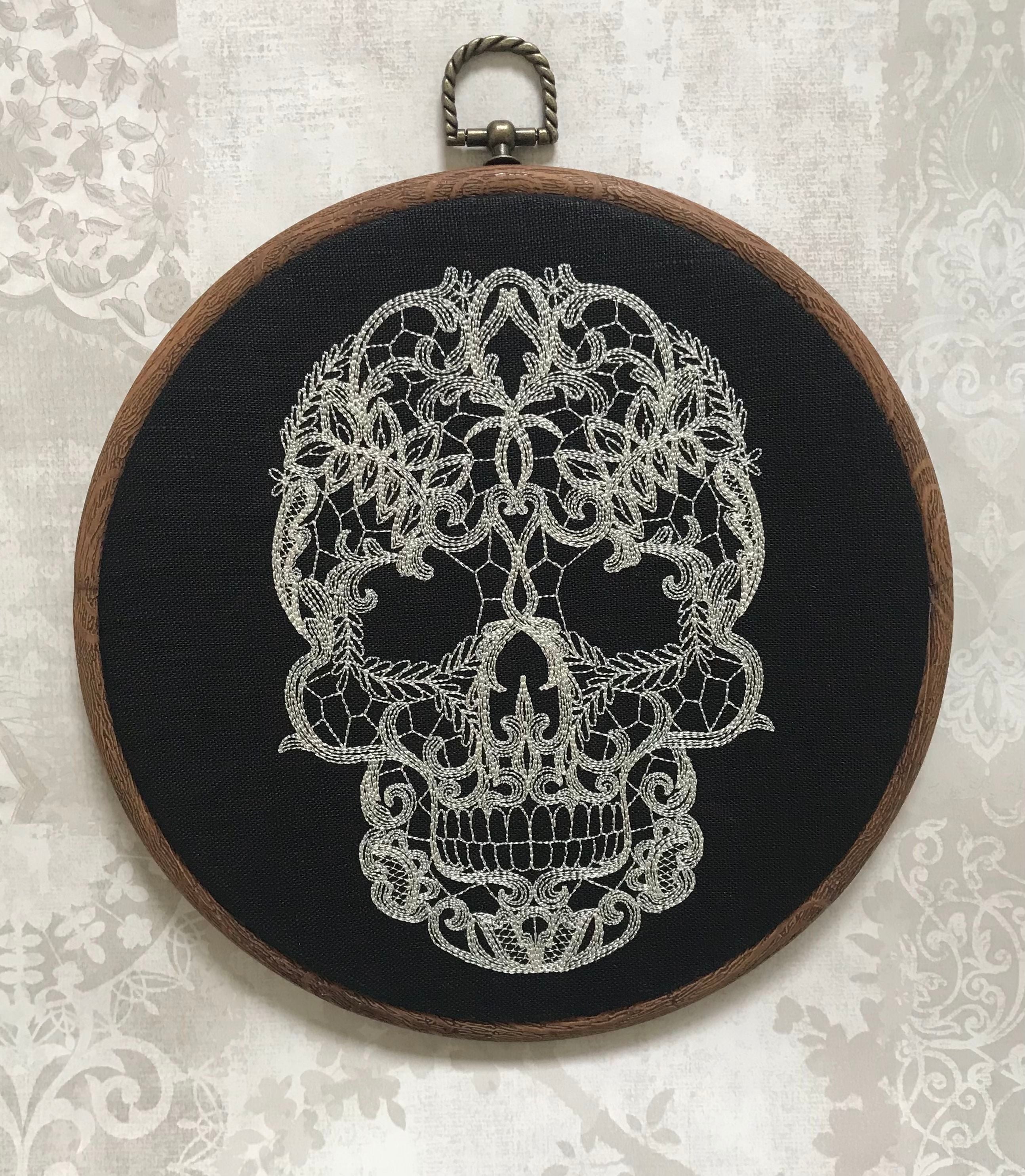 Lace Skull, machine embroidered 8" hoop art