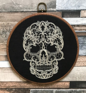 Lace Skull, machine embroidered 8" hoop art