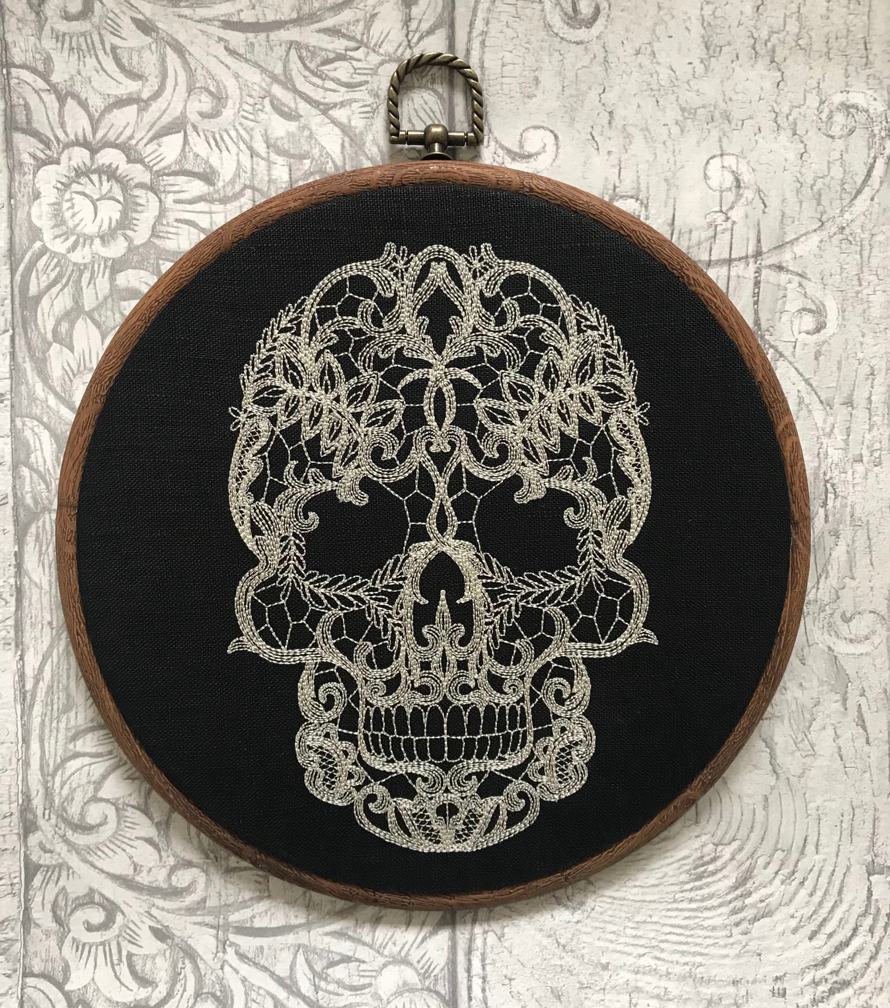 Lace Skull, machine embroidered 8" hoop art