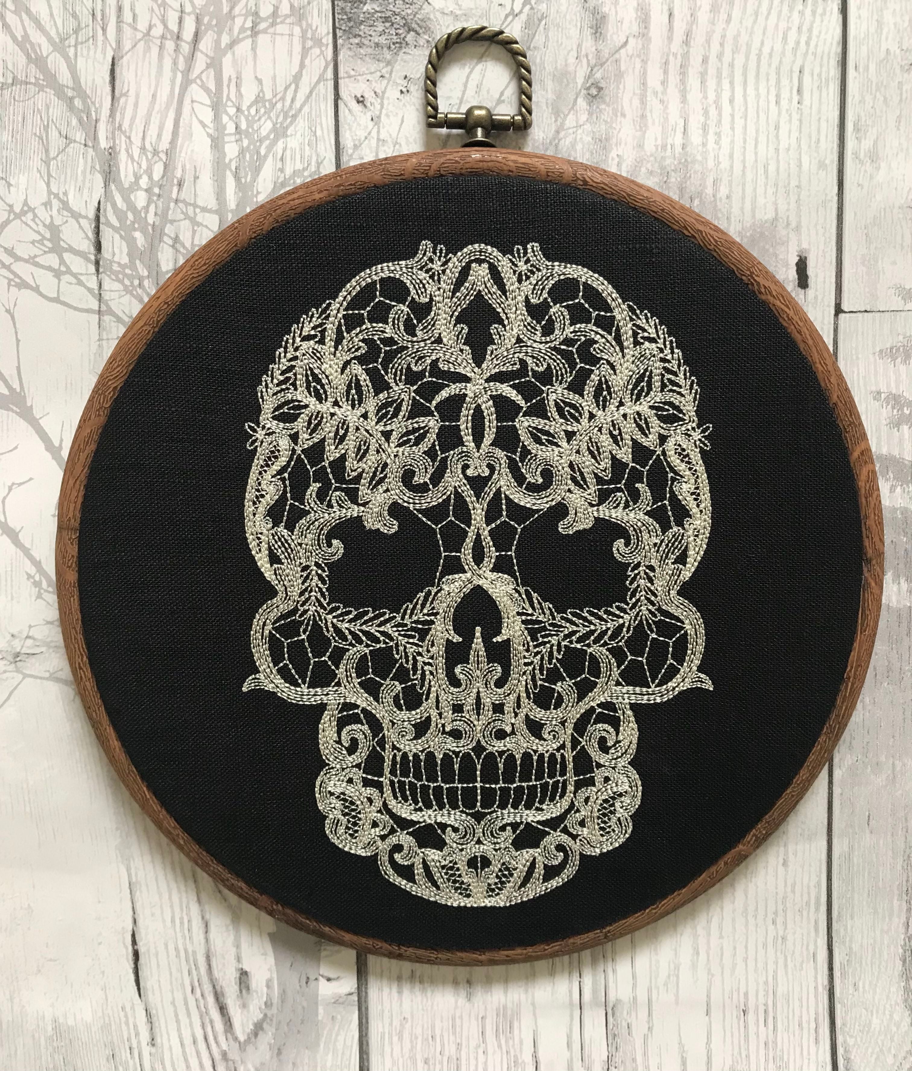 Lace Skull, machine embroidered 8" hoop art