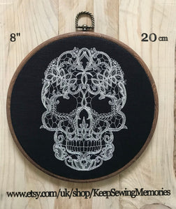 Lace Skull, machine embroidered 8" hoop art