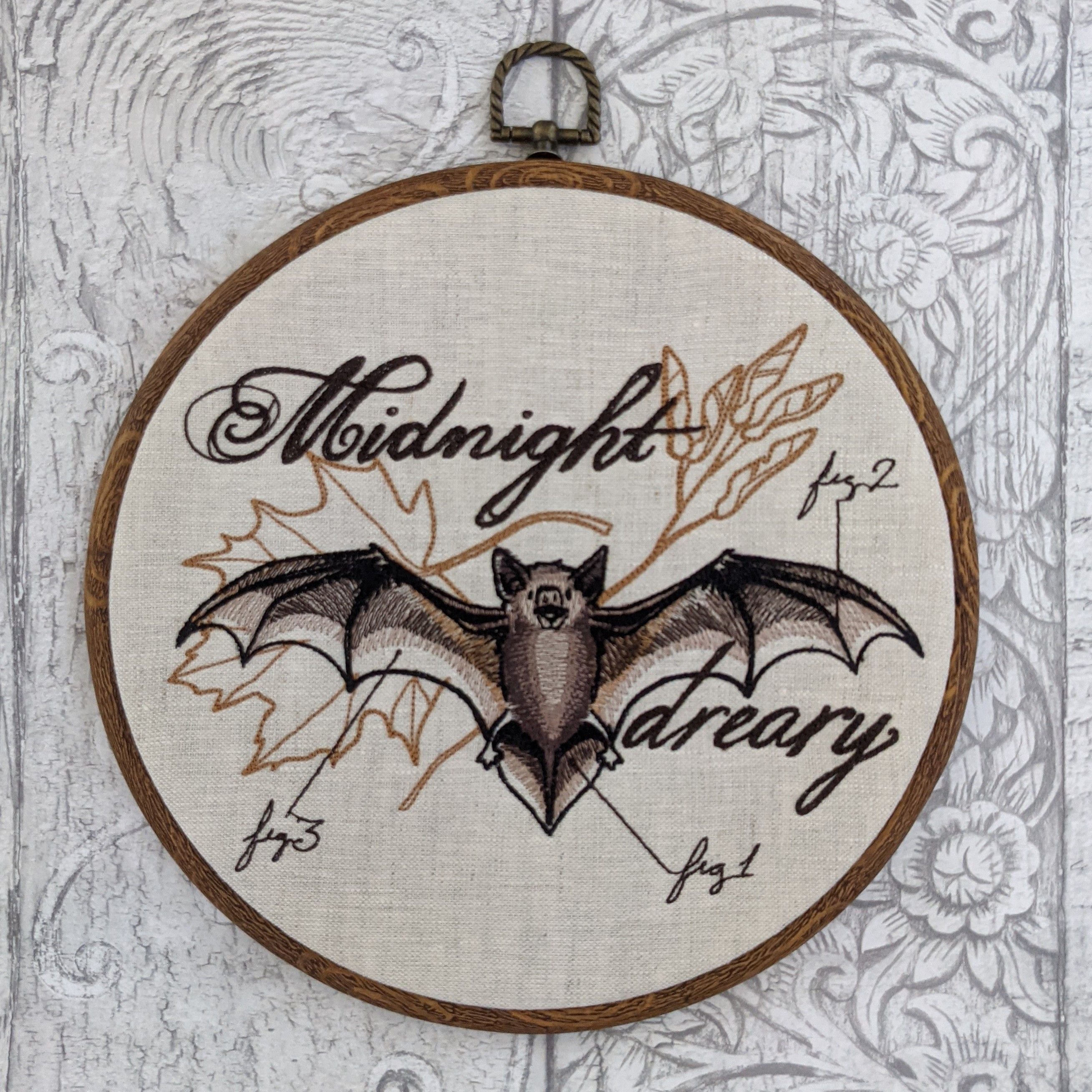 Bat diagram.  Machine embroidery 8" hoop art